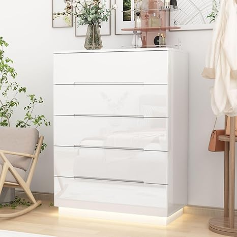 High Gloss Dresser with Lights Chest of Drawers, Glossy 5 Drawer Dresser with Curved Edge, Modern Dresser for Bedroom White (31.5”W x 15.7”D x 42.6”H)