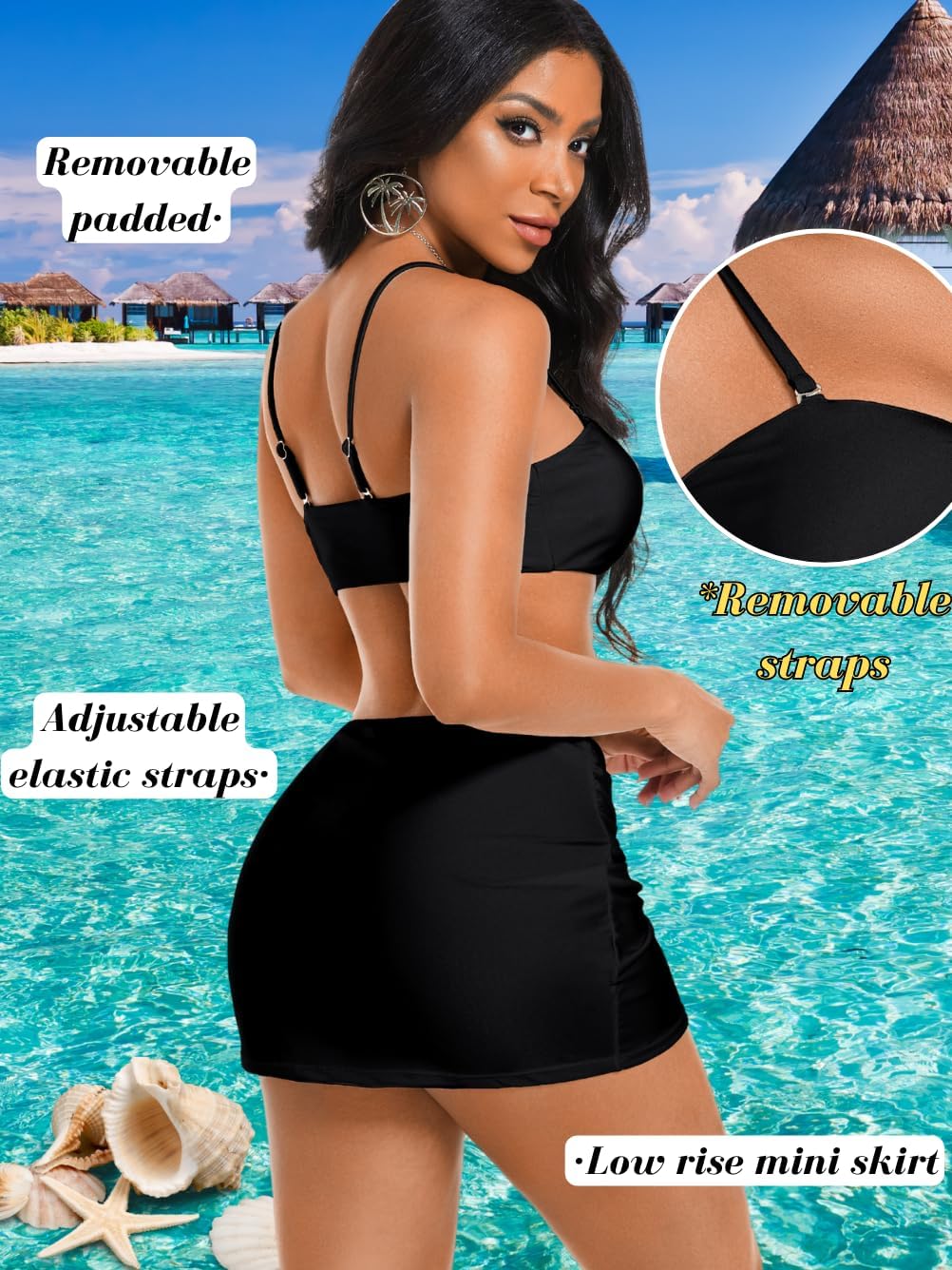 Women Sexy 3 Piece Starfish Strapless Swimsuit, High Cut Thong String Bandeau Bikini Set, Skirt Cover Up Bathing Suit - Image 4