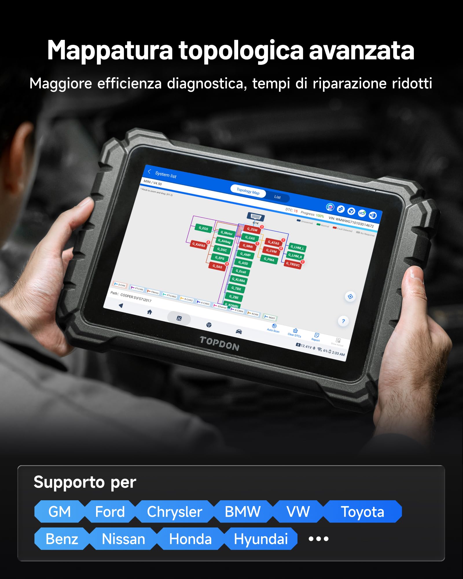 TOPDON ONE OBD2 Auto Diagnostica, Codifica ECU & Controllo bidirezionale, Mappatura topologia OE, J2534 Pass-Thru, 50+ Servizi, CAN-FD & DoIP, Accesso FCA/Renault/VAG SFD SGW, TopFix IA, 10,1 Pollici