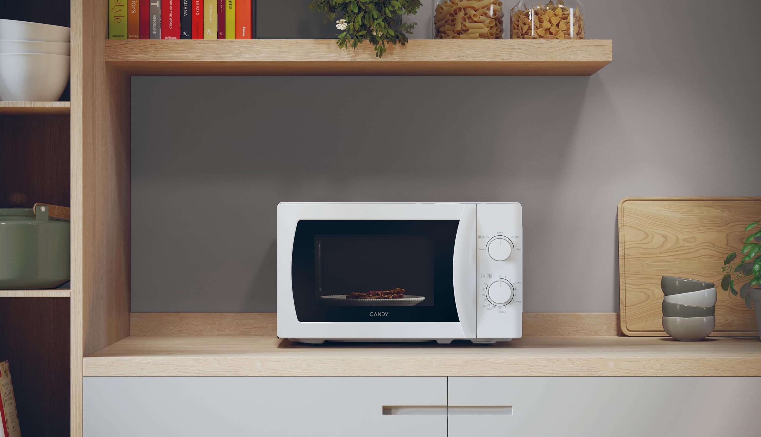Candy Idea CMW20SMW Microondas, 20L, 700W-1050W,5 Niveles de Potencia, Panel de Control Mecánico, Alerta Acústica Finalización, Plato 25,5CM, Descongelación, Apertura Izquierda, Blanco