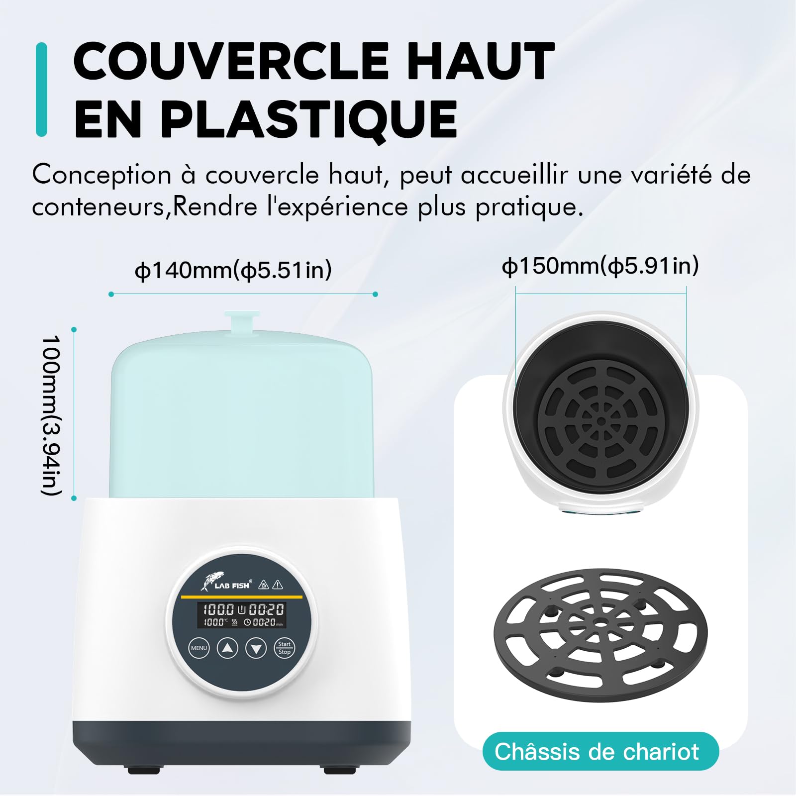 LAB FISH Bain-Marie Laboratoire 2L, Chauffage Précision 100°C, Cuve Inox avec Minuterie & Double Protection Sécheresse, Couvercle Transparent