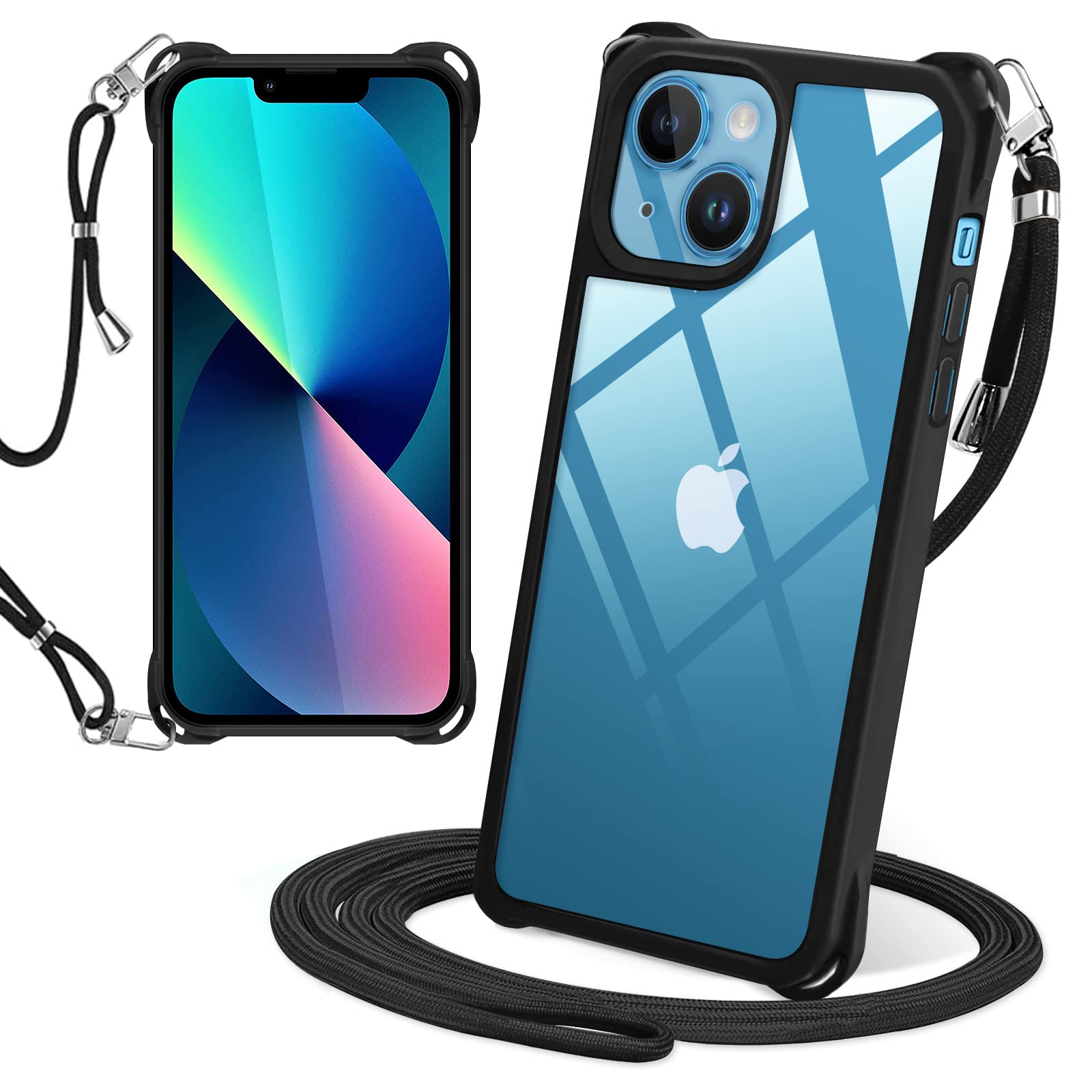 iPhone13 ケース クリア 耐衝撃 PC ショルダー カバー いPhone13 スマホケース 透明 肩掛け 首掛け 斜めかけケース 調節可能なショルダー 衝撃防止 PCバンパー アイフォン13(ブラック)