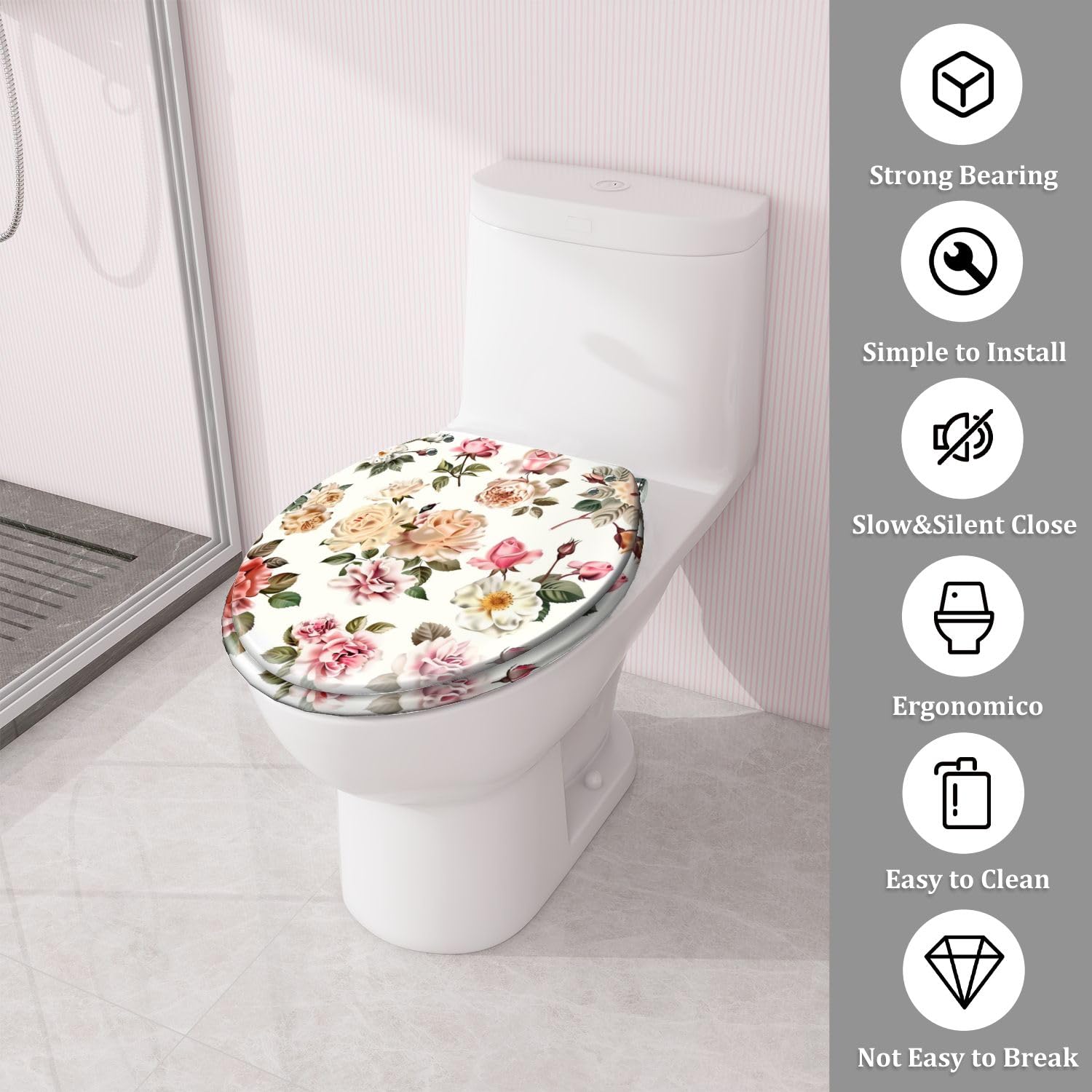 TRANQDEHOM Round Toilet Seat collection realistic rose flowers white for Resin Toilet Seat Quietly Close Quick Release Hinges Decorative Toilet Seat with Cover Easy to Install, Style 8