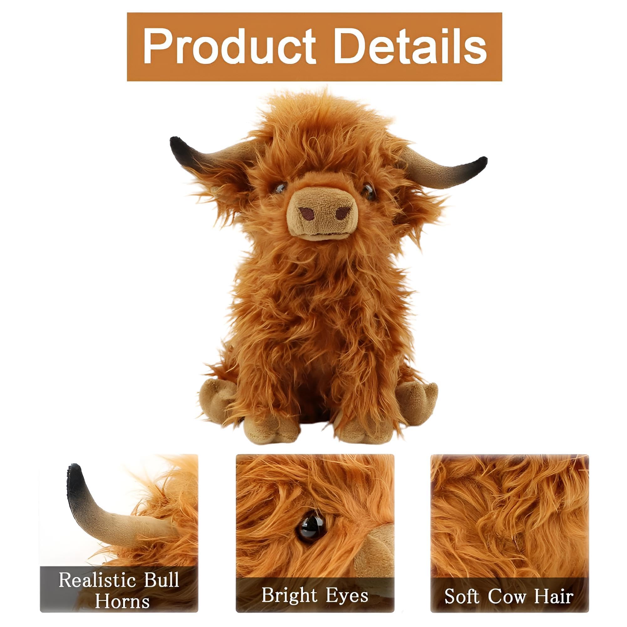 SKIPTHYBER Brown Highland Cow Plush 28cm Super Soft Stuffed Animal Doll Realistic Highland Cow Soft Doll, Soft Cuddly Farm - Image 3