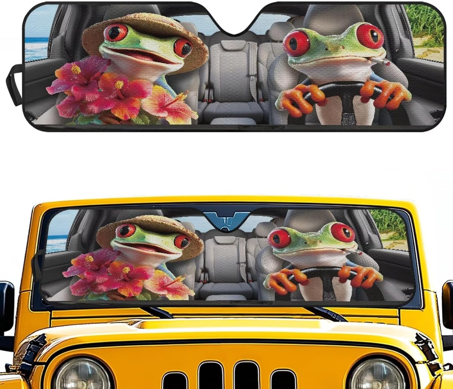 Funny Frog Windshield Sun Shade Compatible with Jeep Wrangler JK JKU JL JLU & Jeep Gladiator JT Folding Front Window Sun Shade