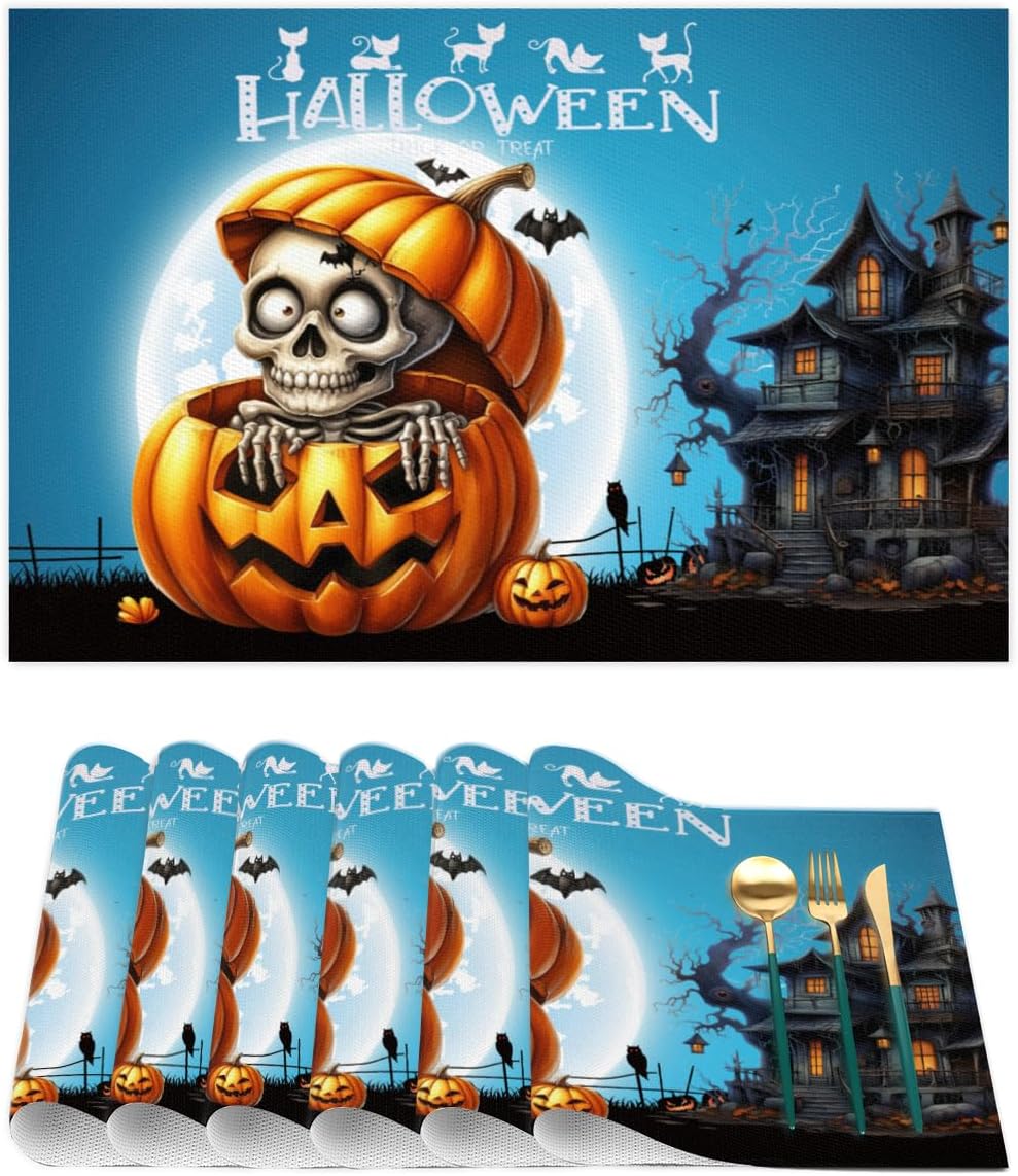Halloween Pumpkin Skull Goth Placemats Set of 6 PVC Vinyl Non Slip Table Mats Heat Resistant Place Mats Washable Wipeable Dining Table Mat for Kitchen Decor Party Indoor Outdoor Decorative Gift