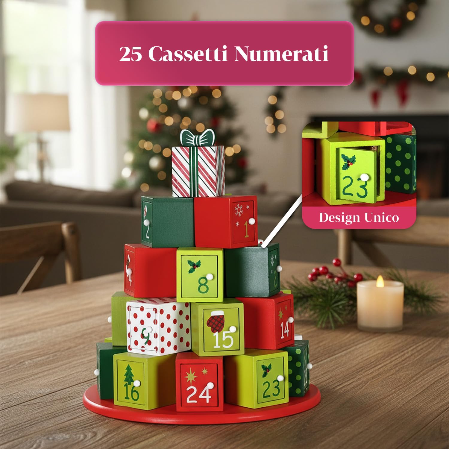 Wintem Adventskalender 2025 mit 25 dekorativen, wiederverwendbaren Schubladen für Weihnachten, DIY Geschenkidee, edler Holz-Adventsbaum für Süßigkeiten und Überraschungen