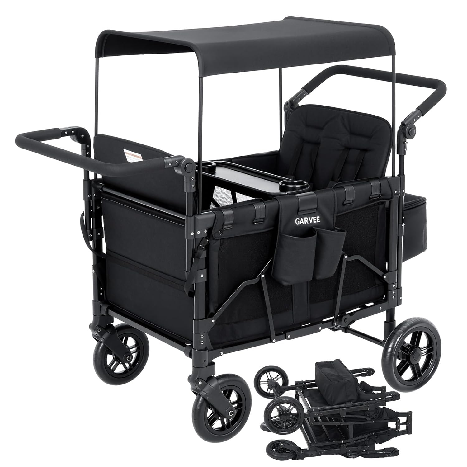 Garvee Chariot de Jardin Pliable Chariot Enfant 4 Roues, Chariot pour 2 Enfants avec Banquette Amovible, Pousser ou Tirer pour la Plage, Forêt, Chariot de Courses XXL