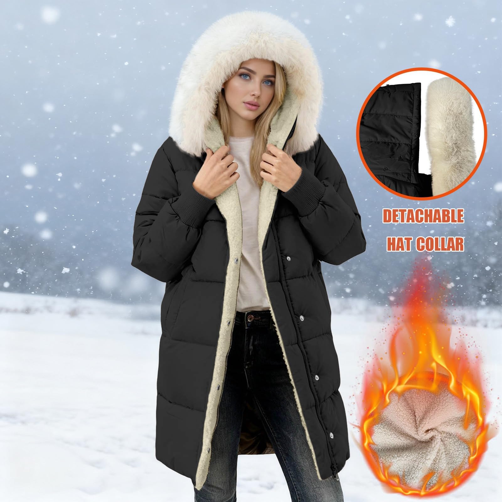 Generisch Wintermantel Damen Lang Winterjacke Elegant Puffer Jacke Warm Gefüttert Winterparka Winter Mantel Parka Steppmantel Reißverschluss Daunenmantel Pufferjacke mit Kapuze und Taschen