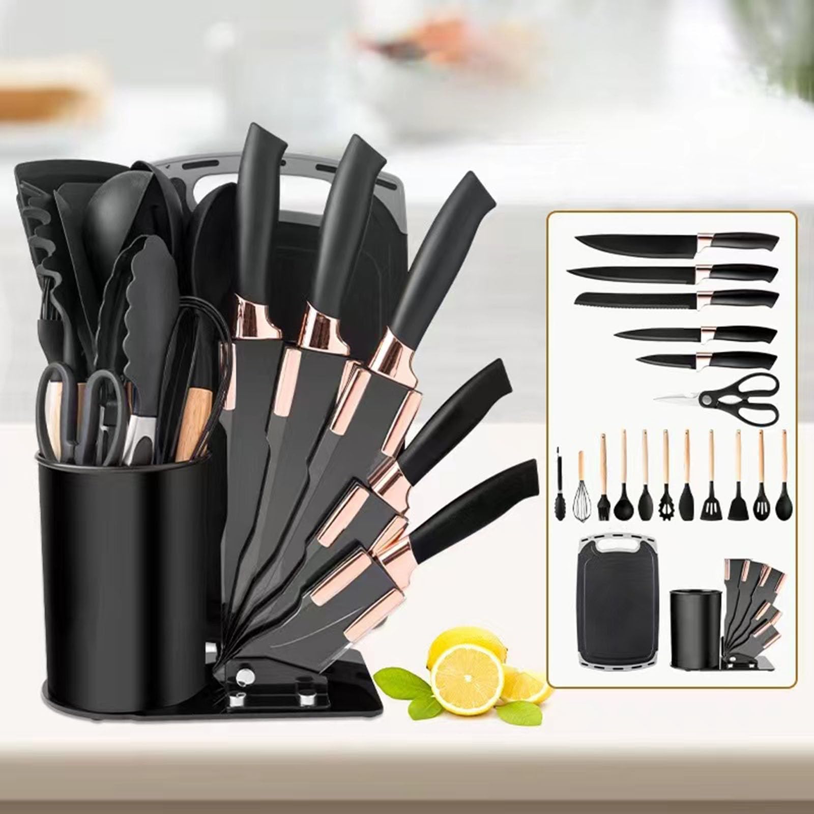 Tazweeq 19-Piece Silicone Kitchenware Set, Non-Stick, Silicone, Cooking, Spatula, Spoon, Combination, Stainless Steel Knife Set，Black