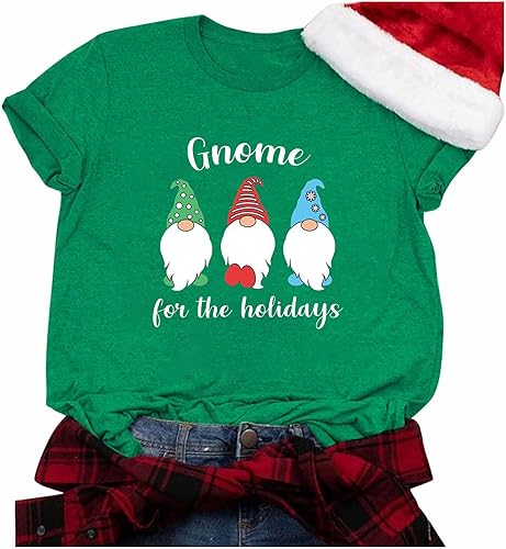 Miniatura 5 de oelaio Camiseta de manga corta con diseño de gnomos de Navidad para mujer, diseño de gnomo a cuadros blanqueados