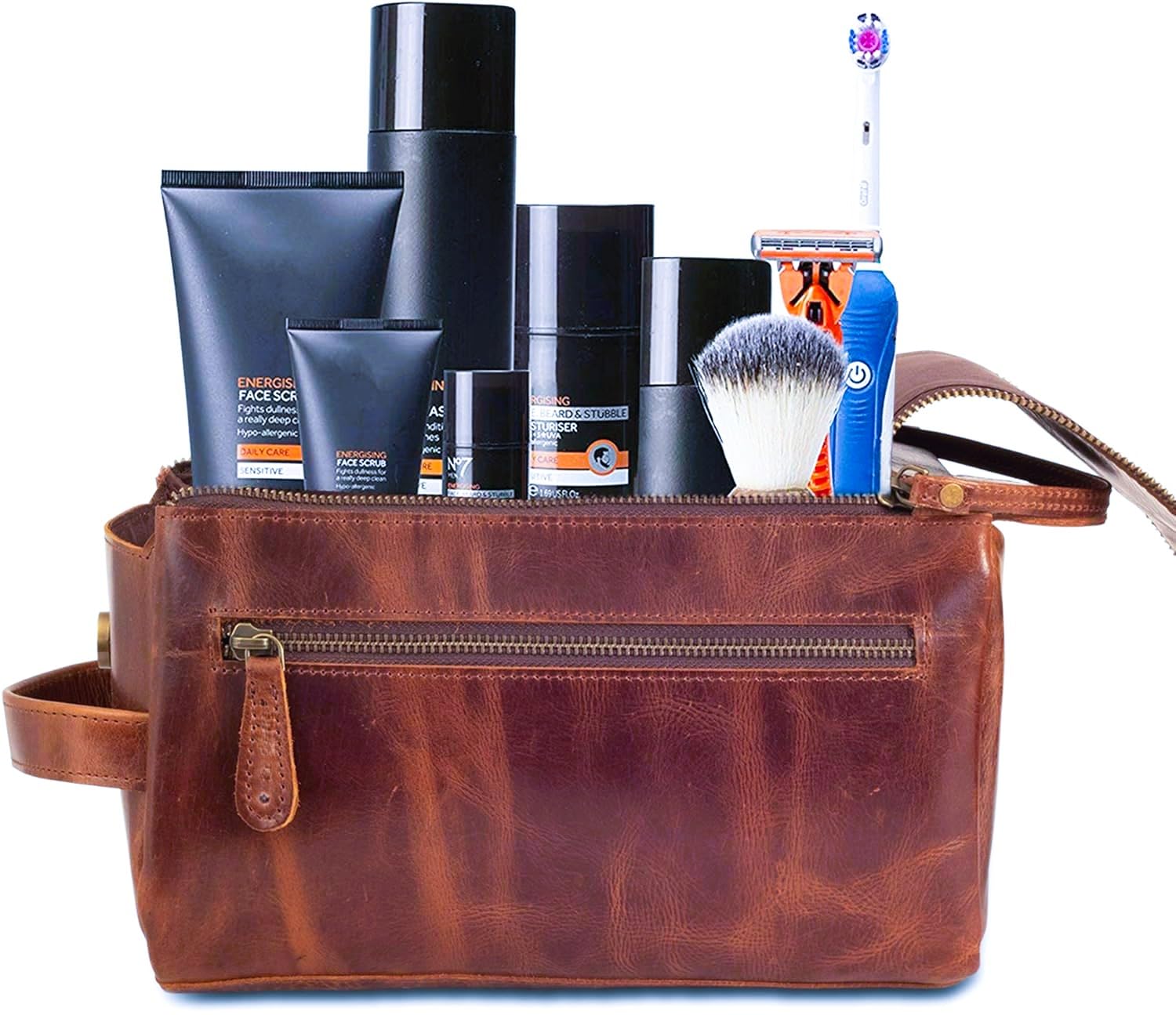 Neceser unisex de piel de búfalo de alta calidad, kit de viaje, kit de afeitado, accesorios de 3 artículos de cuero: estuche para cepillo de afeitar, estuche protector de viaje,