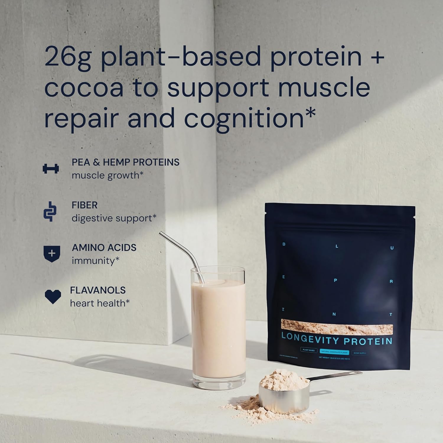 Blueprint Bryan Johnson Chocolate Protein Powder – Vegan Plant-Based Supplement with Cocoa Powder – Clean Ingredients – 26g Protein per Serving – Non-GMO – 30 Servings - Image 4