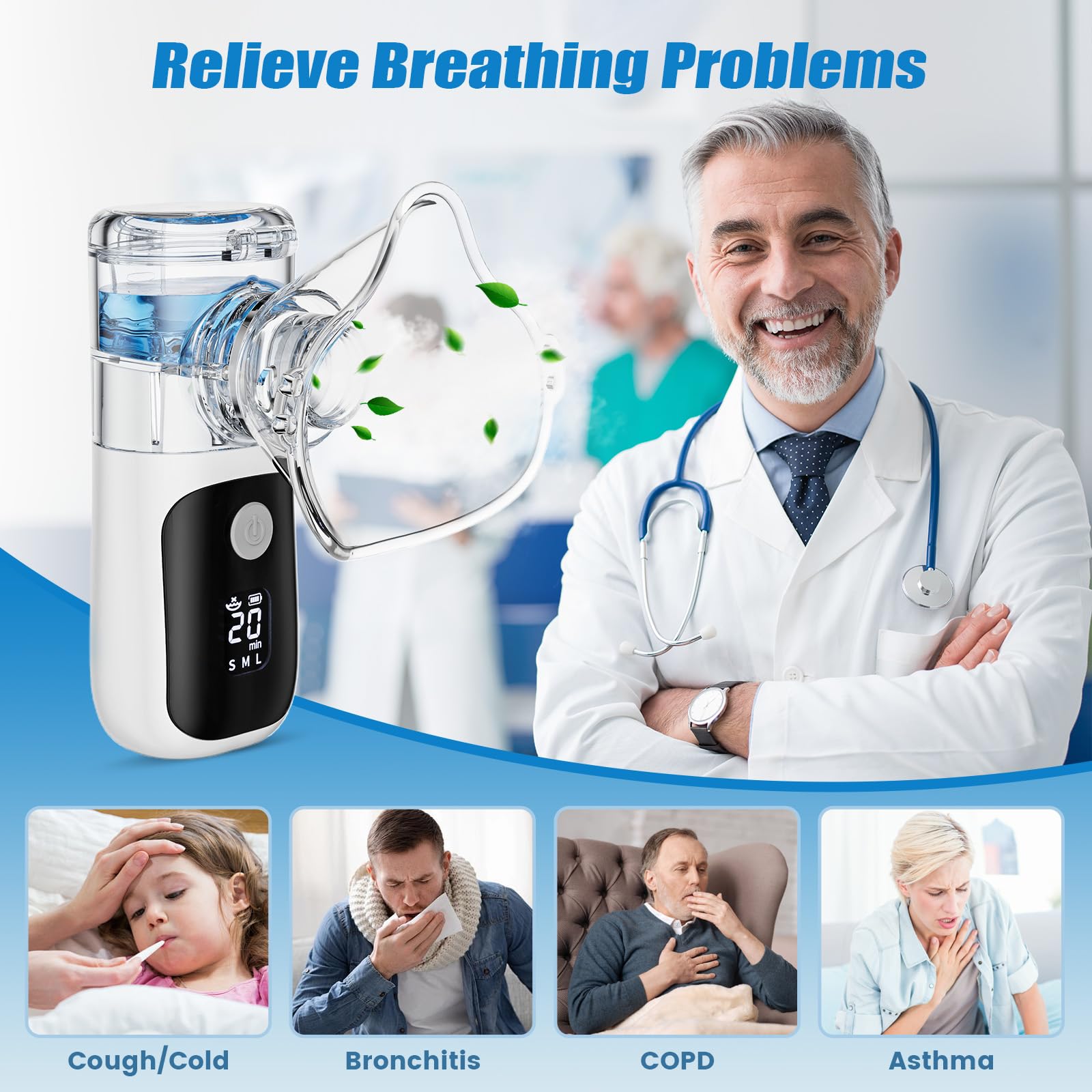 Mesh Nebulizer, Handheld Nebulizer Machine for Adults & Kids, Type-C Rechargeable Self-Cleaning & Advanced Digital Display Nebulizer with Adjustable Mist for Home Travel Use — view 7
