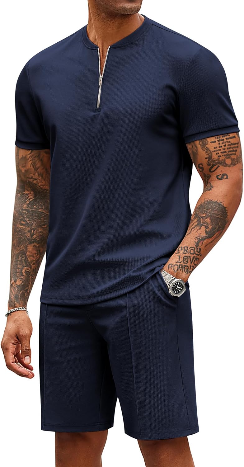 COOFANDY Men’s 2 Pieces Outfits Casual Quarter Zip Polo T Shirt and Shorts Set Athletic Jogging Summer Tracksuit