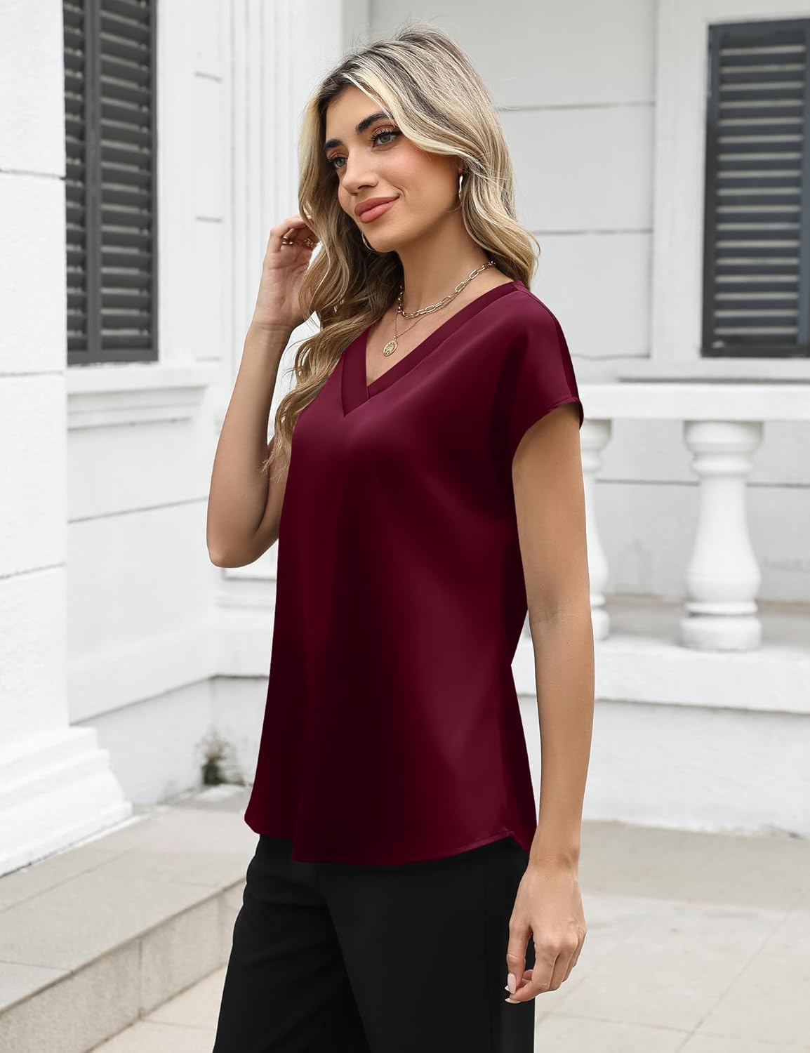 LOMON Women Silk Satin Tops Cap Short Sleeve Blouse V Neck Shirts Business Casual Outfits - Image 4