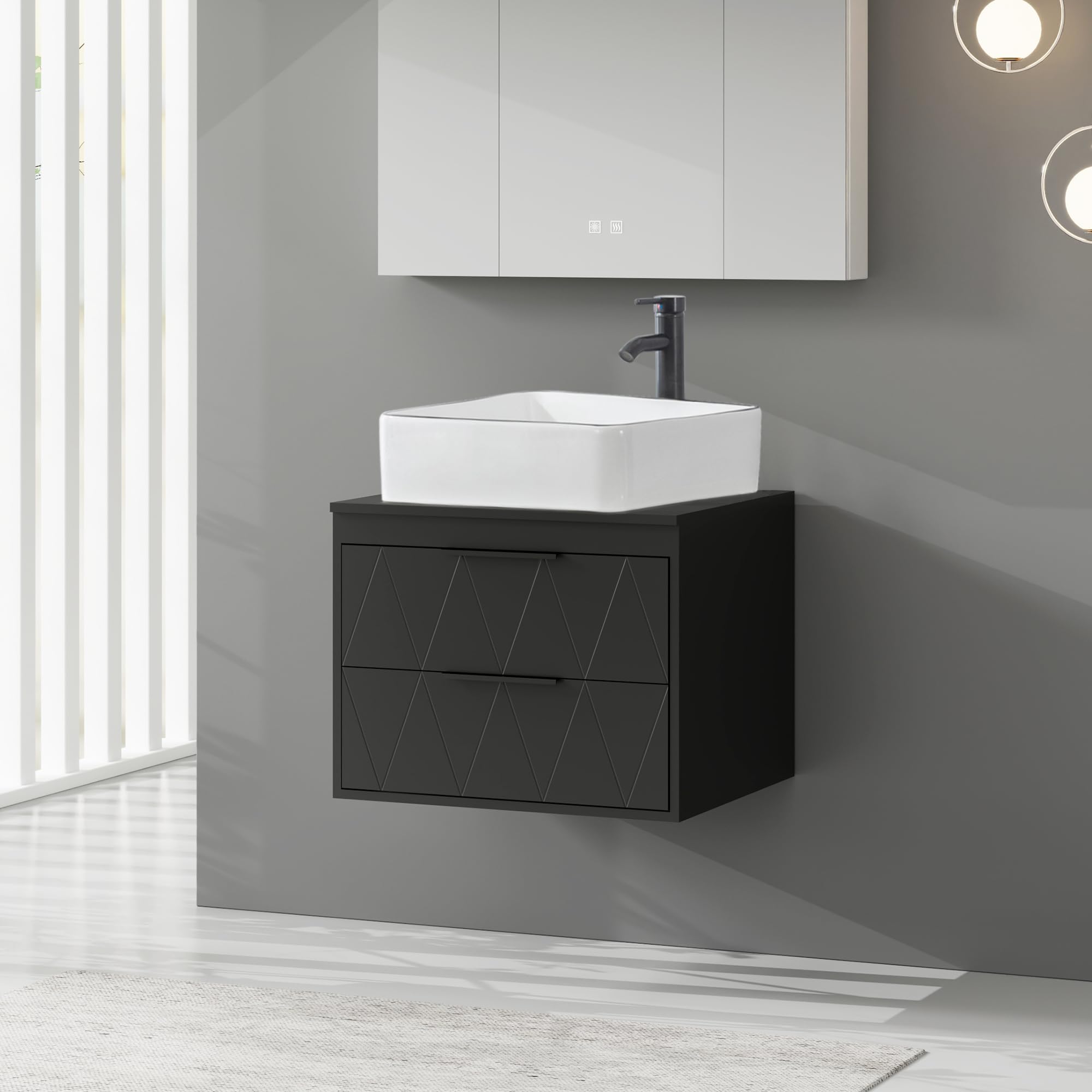 eclife 24" Floating Bathroom Vanities with Sink Combo, Wall Mounted Modern Cabinet W/Diamond Line Pattern Design, White Black Ceramic Vessel Sink W/