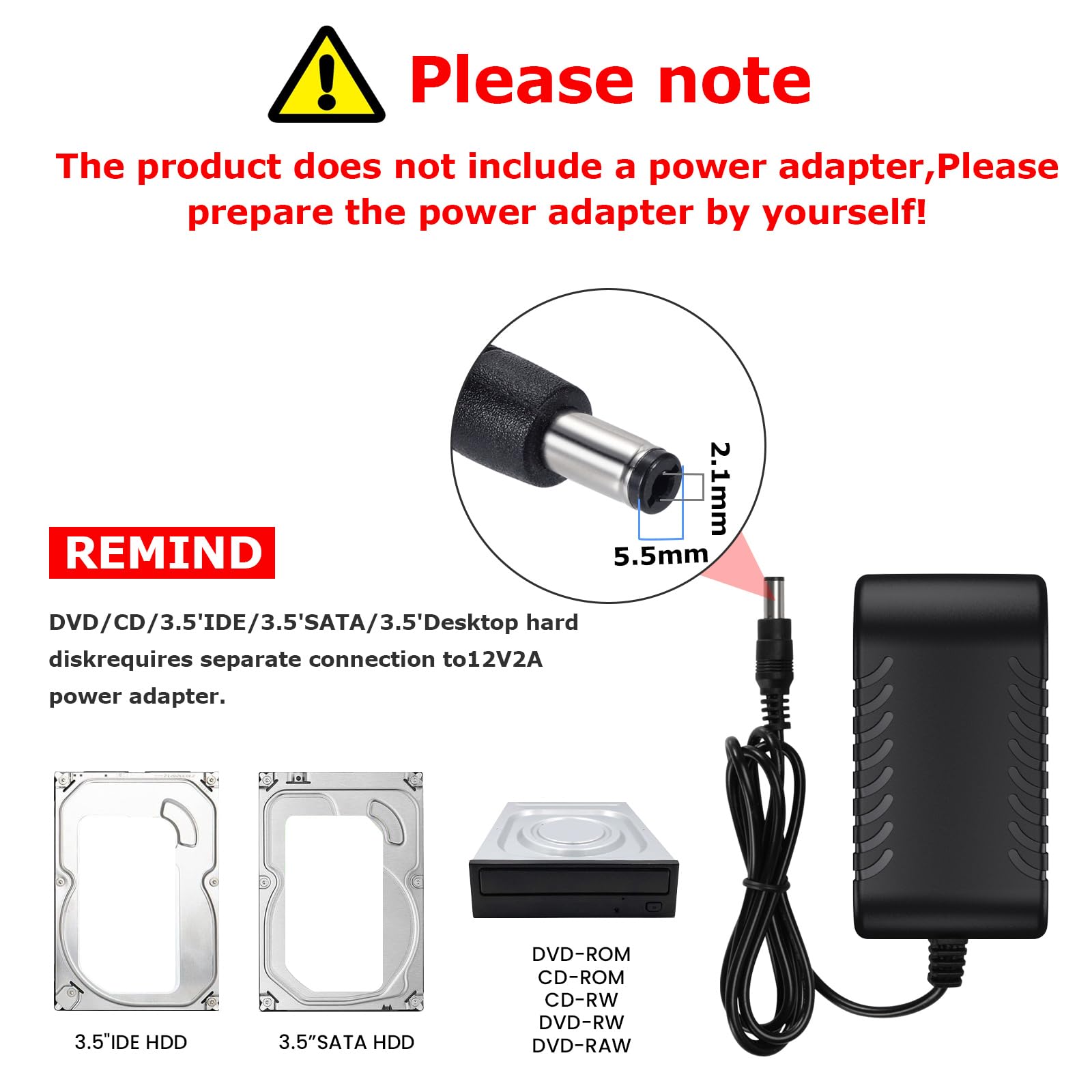 Adapter SATA/IDE na USB 3.0, zewnętrzny czytnik dysków twardych do uniwersalnego dysku twardego 2,5/3,5 SSD HDD, DVD/CD-ROM, z zasilaczem 12 V, obsługa 6 TB