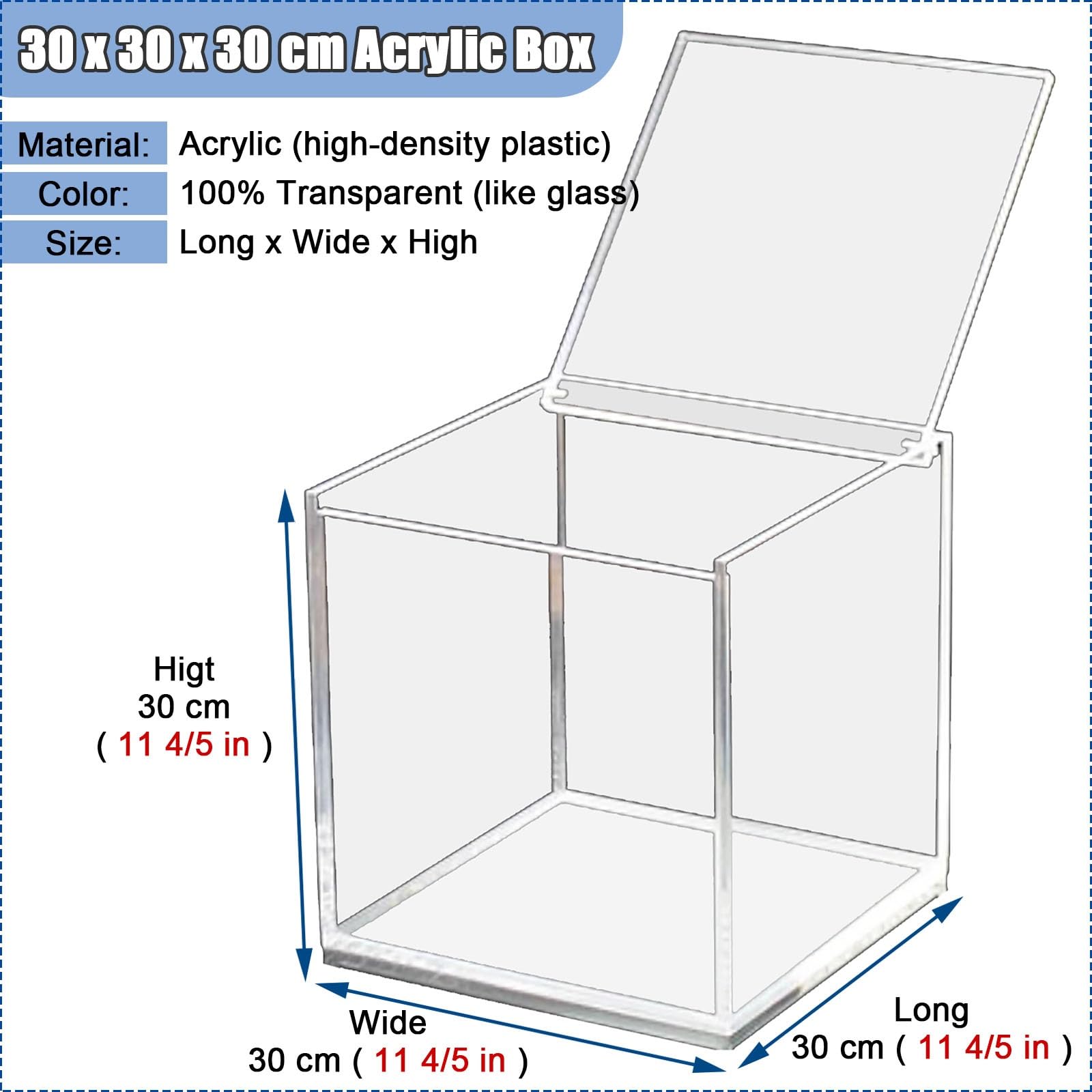 Scatola Acrilico Trasparente Contenitore di plastica acrilico chiaro Quadrato Vetrina a cubo con coperchio, Impilabili Contenitori trasparenti per decorazioni per feste e compleanni(30x30x30 cm (12x12