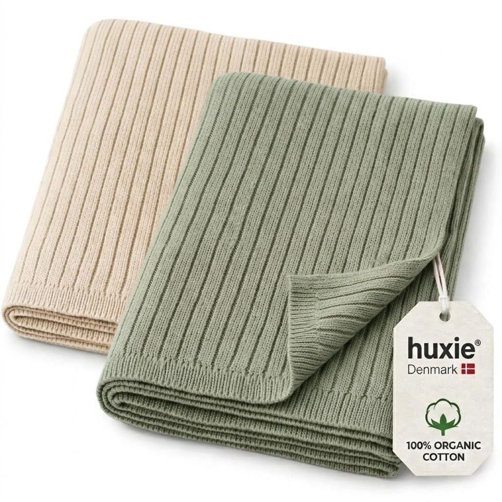 Danimarca - Coperta per neonati lavorata a maglia, morbida e accogliente, 100% cotone biologico, per bambini e bambine, ideale per passeggino e culla, 76,2 x 101,6 cm, confezione da 2 (verde