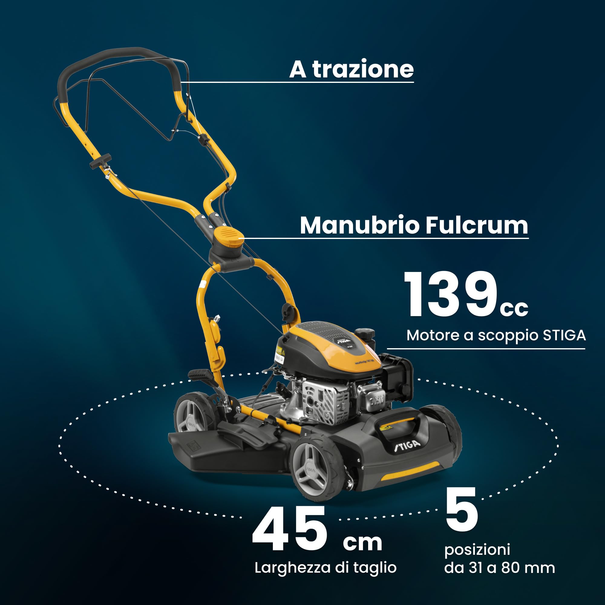 STIGA Multiclip 747 SD Tagliaerba a Scoppio, 139 cc, 45 cm – Mulching Integrato, Regol. 5 Posizioni – Prati fino a 1.500 m²