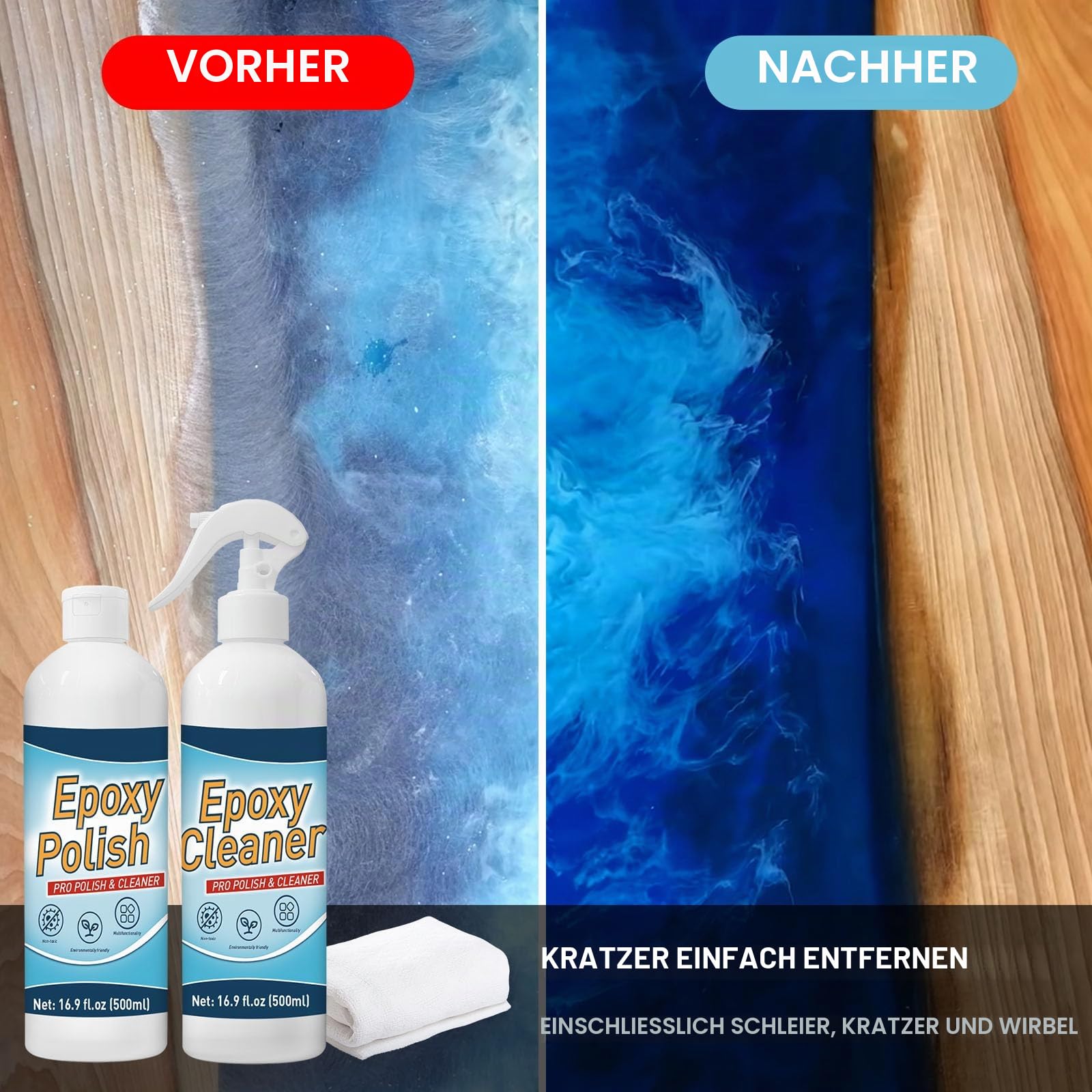 Harz-Polierset, 500+500ml, Profi-Politur und Epoxidreiniger, speziell formuliert für Epoxidharz, entfernt Kratzer und Schrammen, perfekt für Heimwerker, Heimdekoration