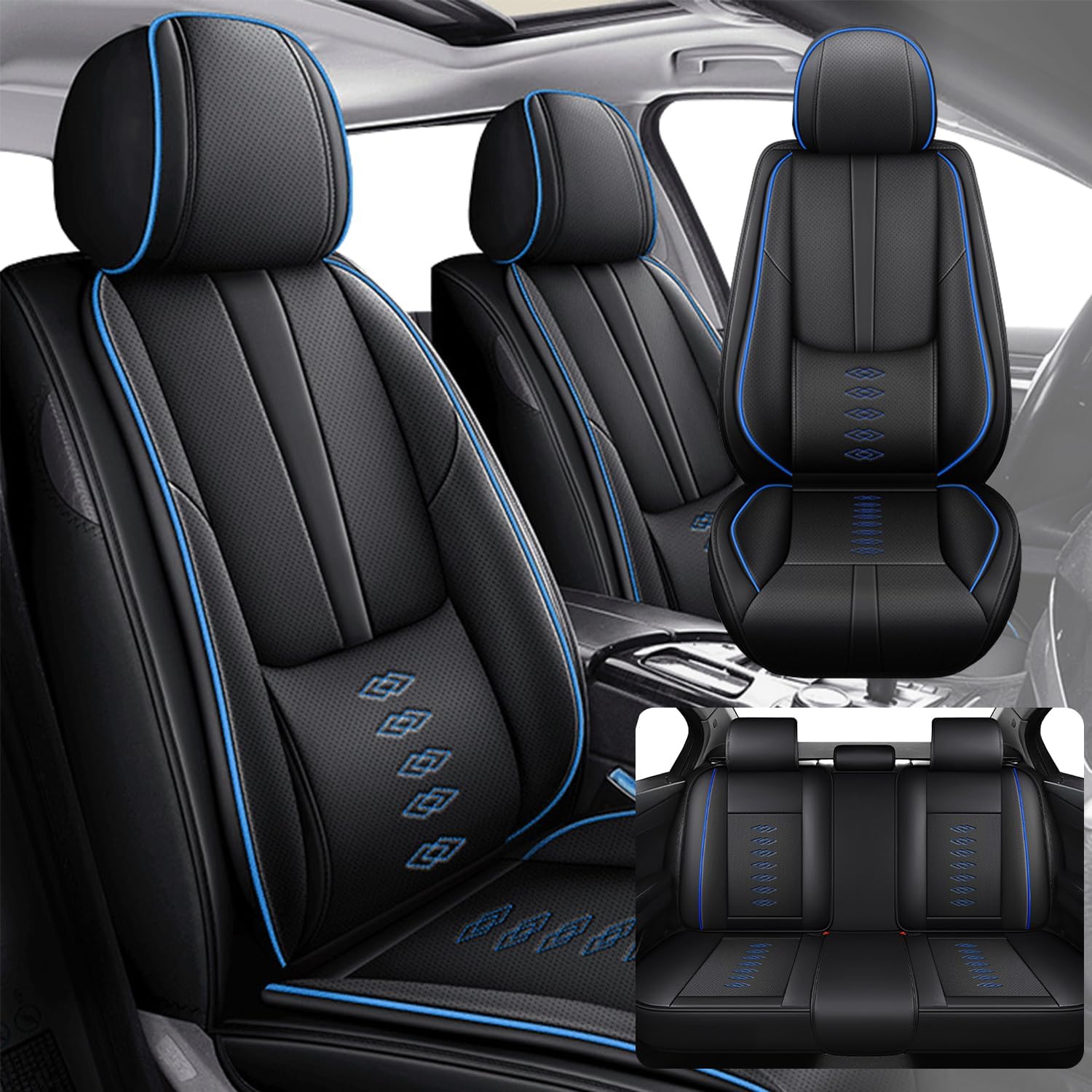 Car Seat Covers 5 Seats Fit for Jeep Wrangler Unlimited 4xe 2021 2022,Waterproof Leather Seat Covers,Airbag Compatible,Car Seat Protectors Interior Sets(Full Set,Black&Blue)
