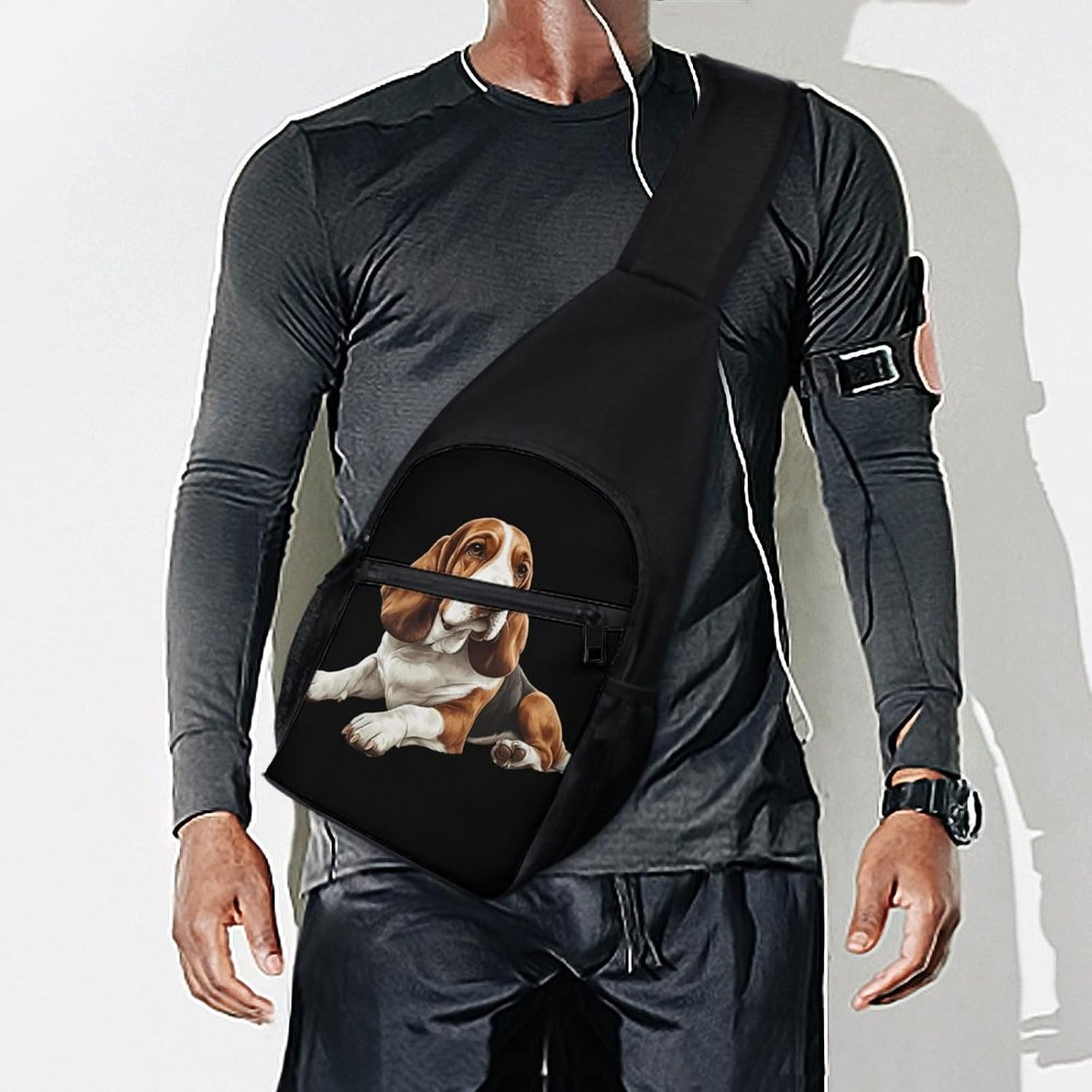 Cartoon Basset Hound Dog Crossbody Sling Backpack Chest Bag Daypack | unisex,trendy,with convertible and detachable shoulder strap,side pockets