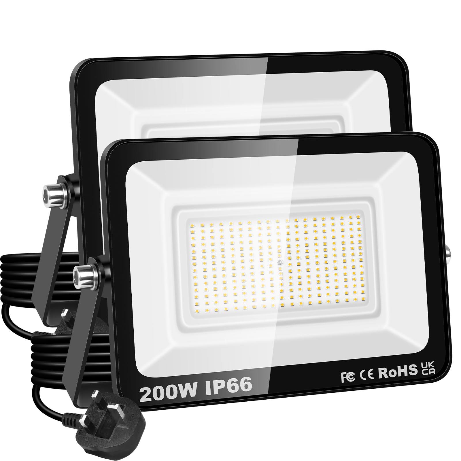 PICAA 200W LED Flood Light, IP66 Waterproof Super Bright 20000LM Security Light, 3000K Warm White Outdoor Wall Light for Garden Yard Garage Patio Warehouse with UK Plug (2PCS)