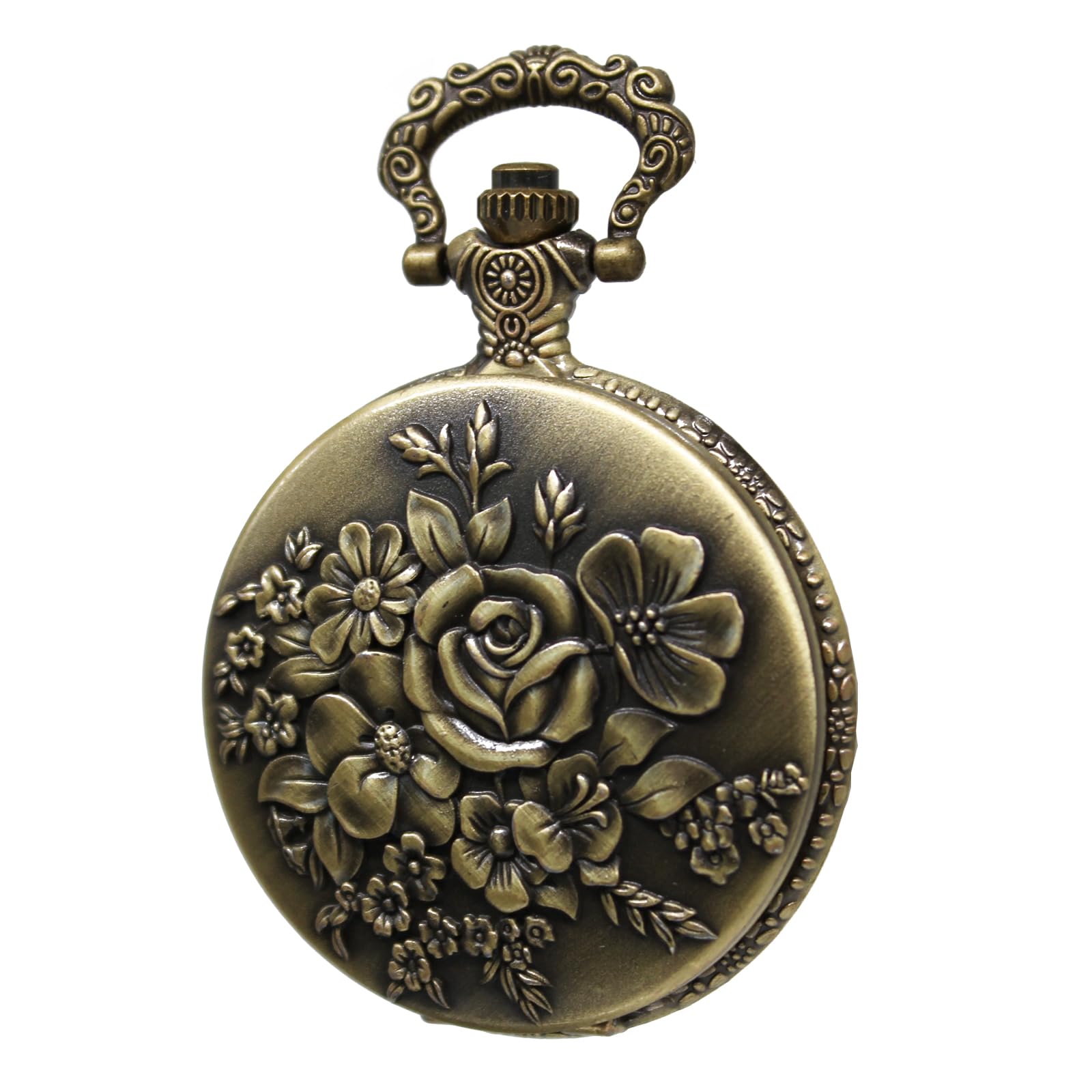 SIMAOTE Vintage Quartz Pocket Watch with Flower Pattern Cover and Chain for Women and Men (Bronze)