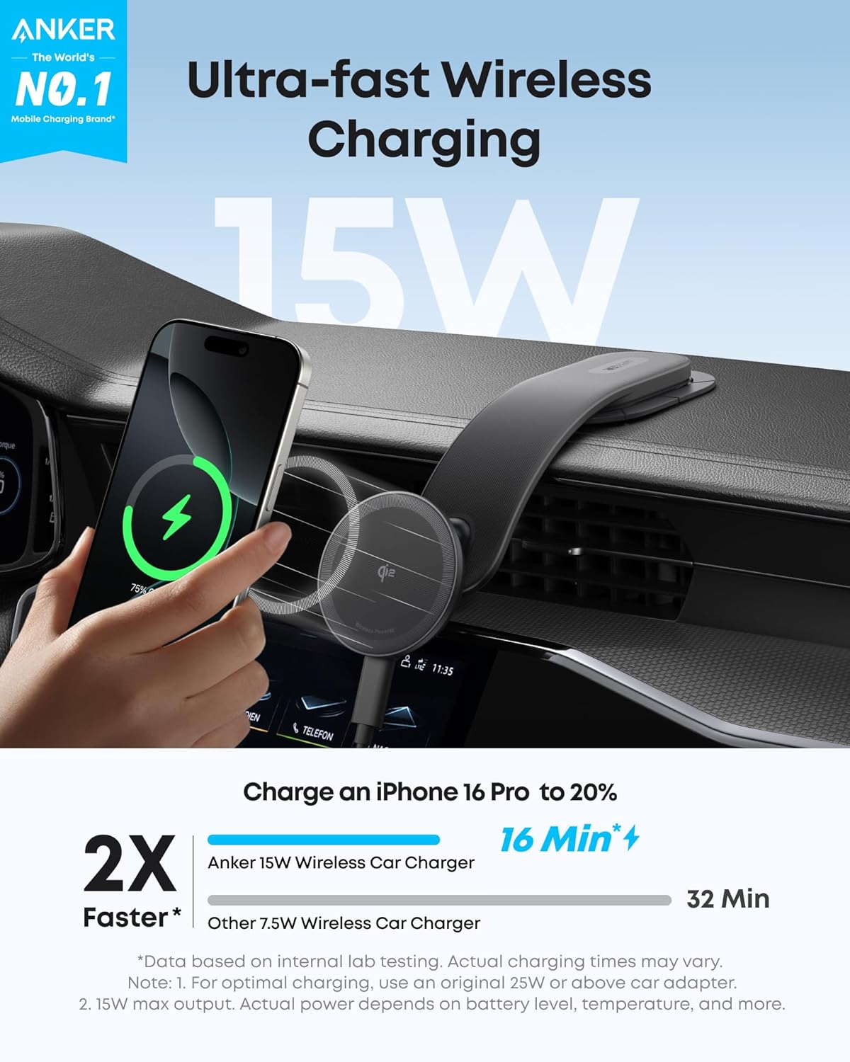 Anker Nano Magnetic Wireless Car Charger, 360° Adjustable Mount Car Charger with Detachable Pad, 15W Qi2 Certified with Alloy Bracket, Fast Charging for iPhone 17/16/15/14/13 Series (Adapter Included)