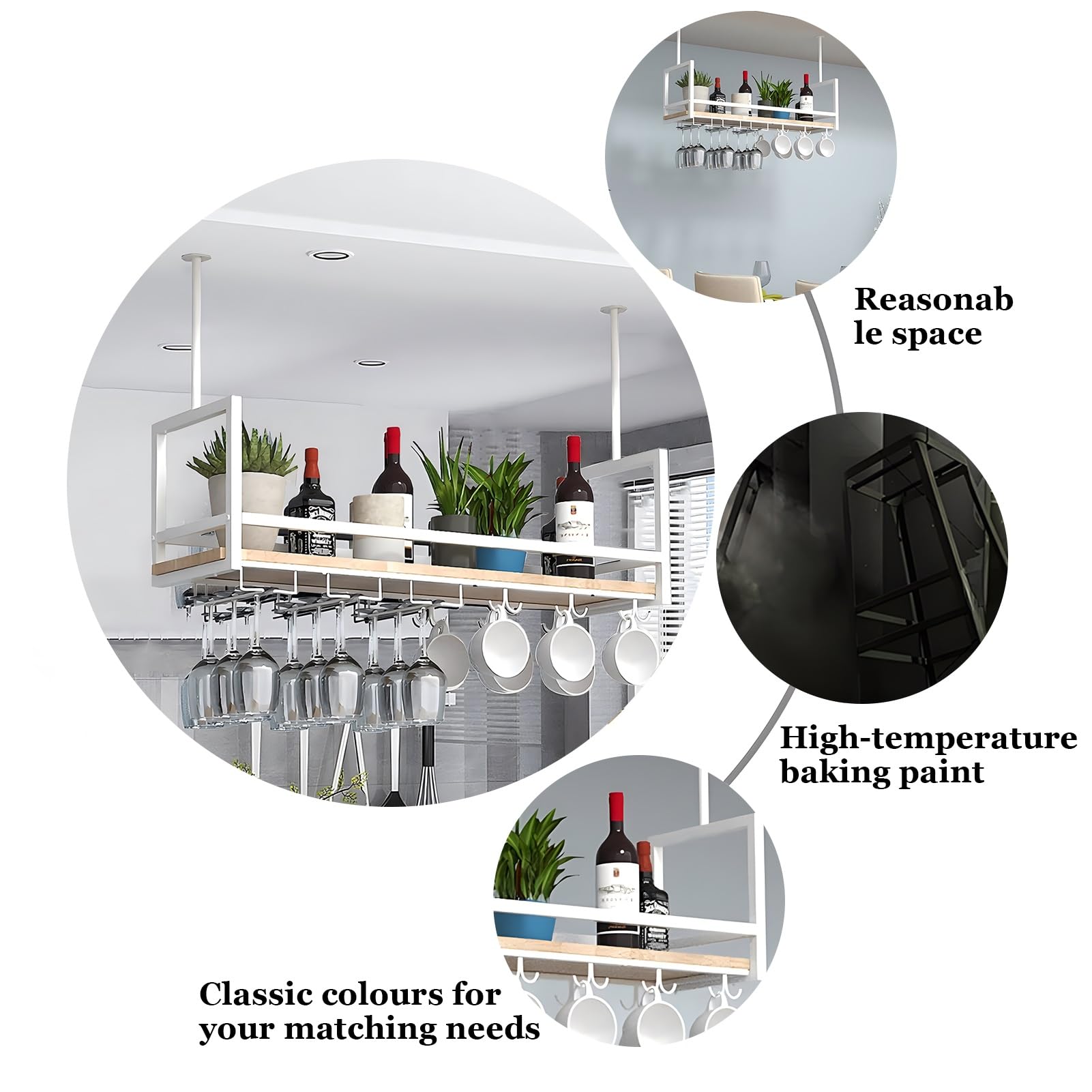 Mensole galleggianti, Mobile Bar sospeso a soffitto con portabottiglie e Supporto per Bicchieri capovolti, espositore Decorativo per Piante e Libri, Ideale per Bar, caffè e Cucina (Dimension