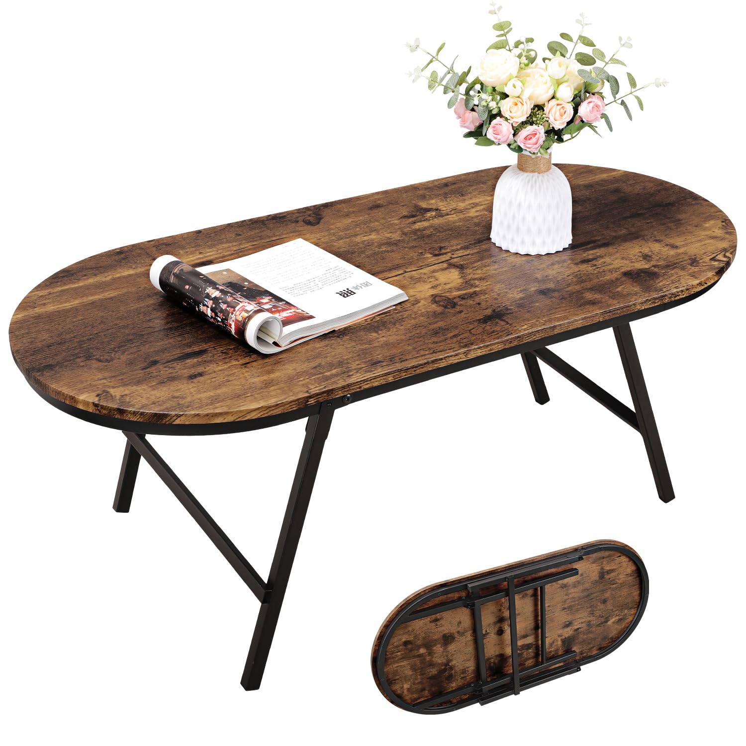 Folding Coffee Table for Living Room Industrial Brown Small Low Table Wooden Foldable Coffee Tables Oval Floor Desk