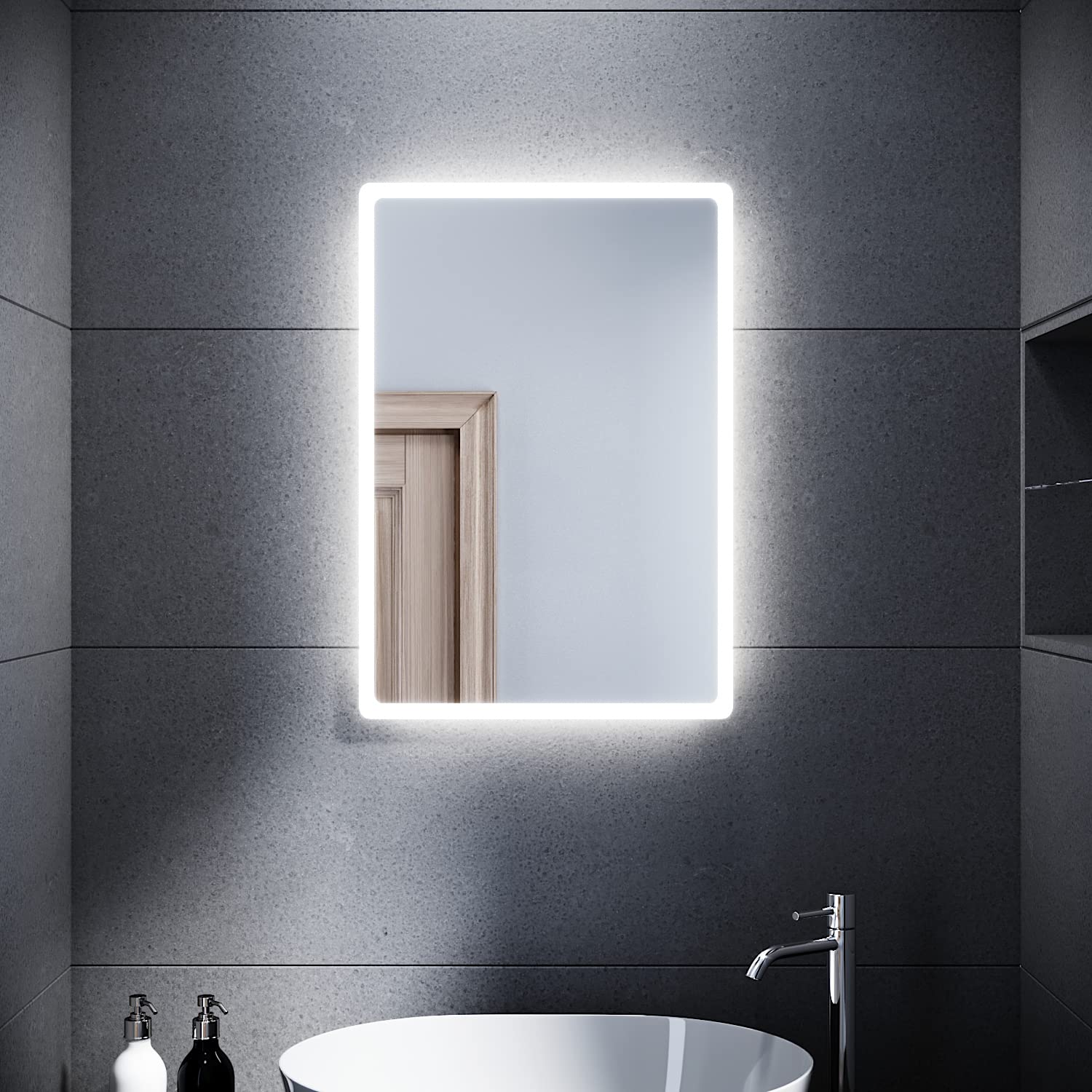 SONNI Espejo Baño con Luz 60x40 cm Espejo Baño LED Interruptor de Pared,Montaje Vertical u Horizontal Blanco Frío IP44 Bajo Consumo