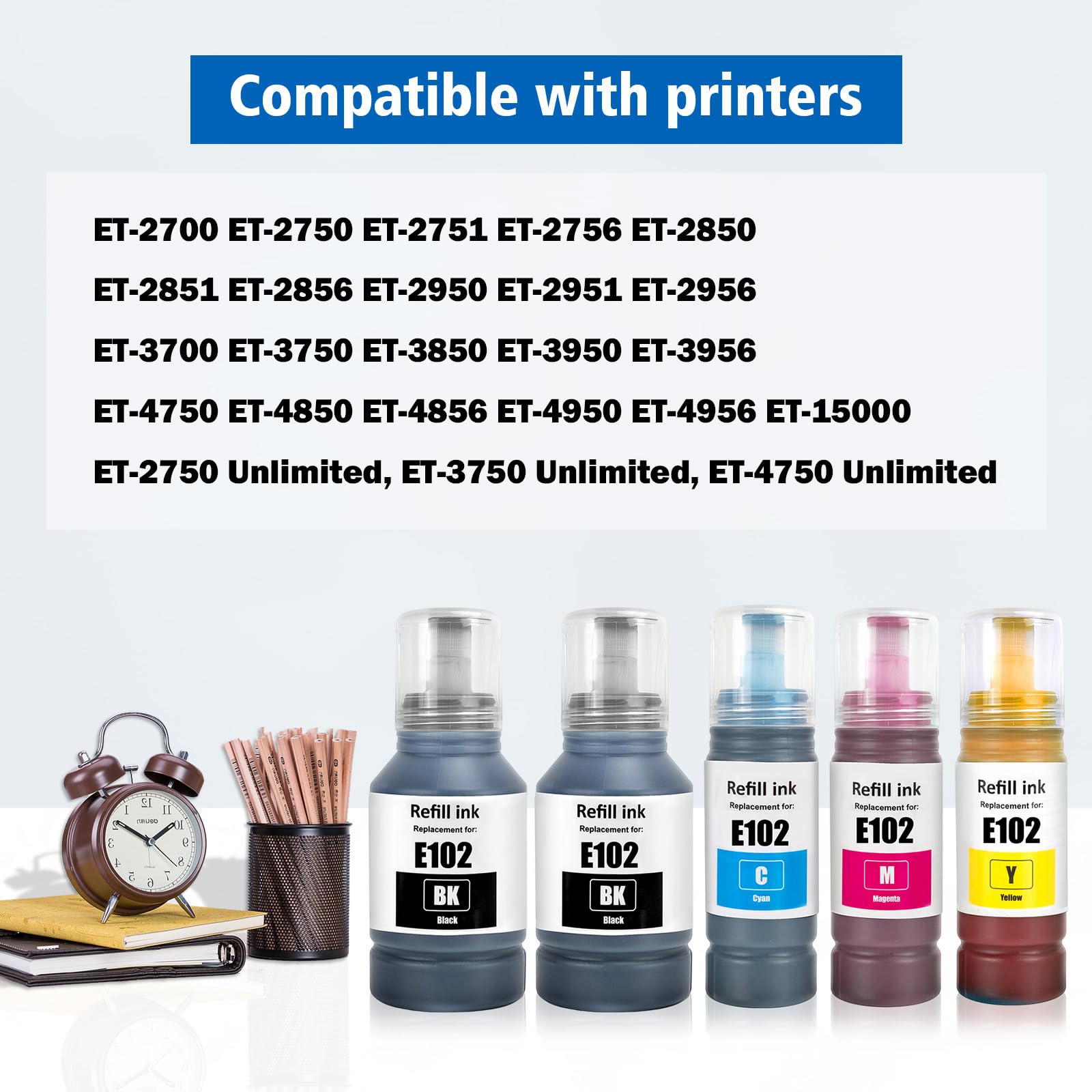 102 Inchiostro Multipla Compatibile per Epson ET-2750 ET-2756 ET-2850 ET-2851 ET-2856 ET-3700 ET-3750 ET-3850 ET-4500 ET-4700 ET-4750 ET-4850 ET-4856 ET-15000 Stampante (BK*2/C/M/Y)