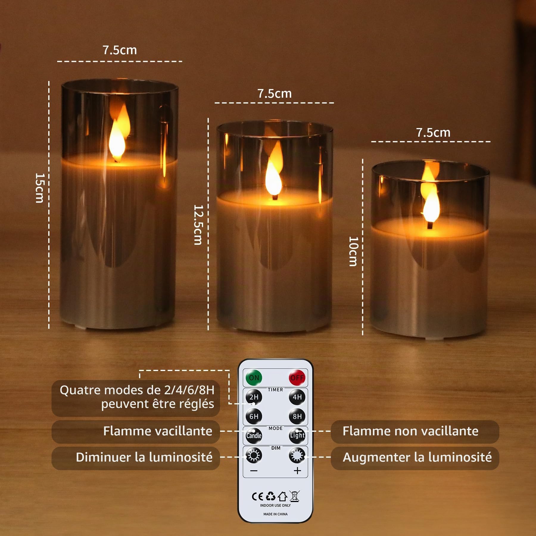 Forever Speed Lot de 6 Verre Gris Bougies LED Rechargeable avec Télécommande, Bougies Sans Flamme Graduable avec Câble de Charge pour Décoration de la Maison, Camping, Mariages, Cadeaux