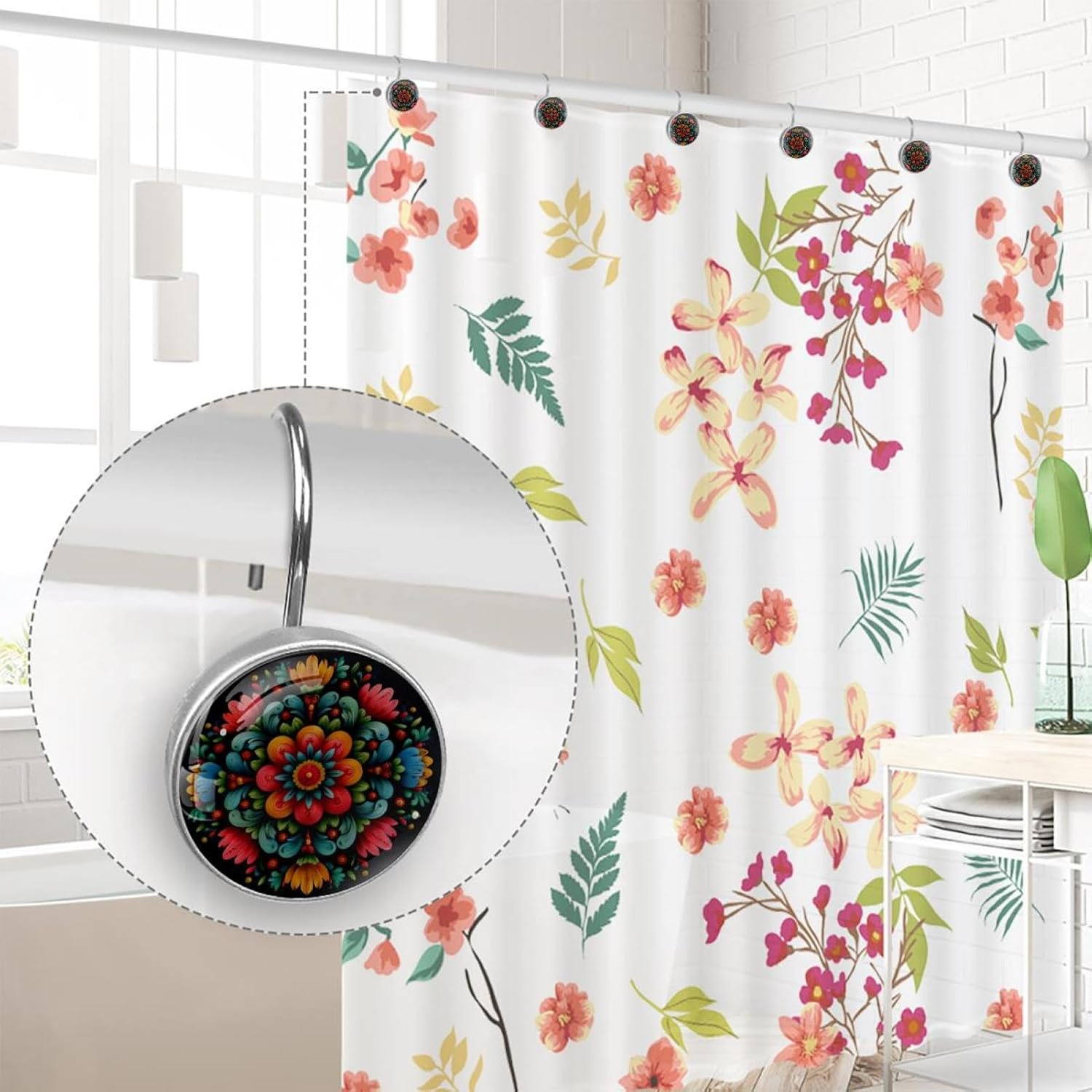 12PCS Norwegian Rosemaling Folk Style Flower (20) Shower Curtain Hooks Metal Rust Resistant Decorative Shower Curtain Hooks Bathroom Decorations