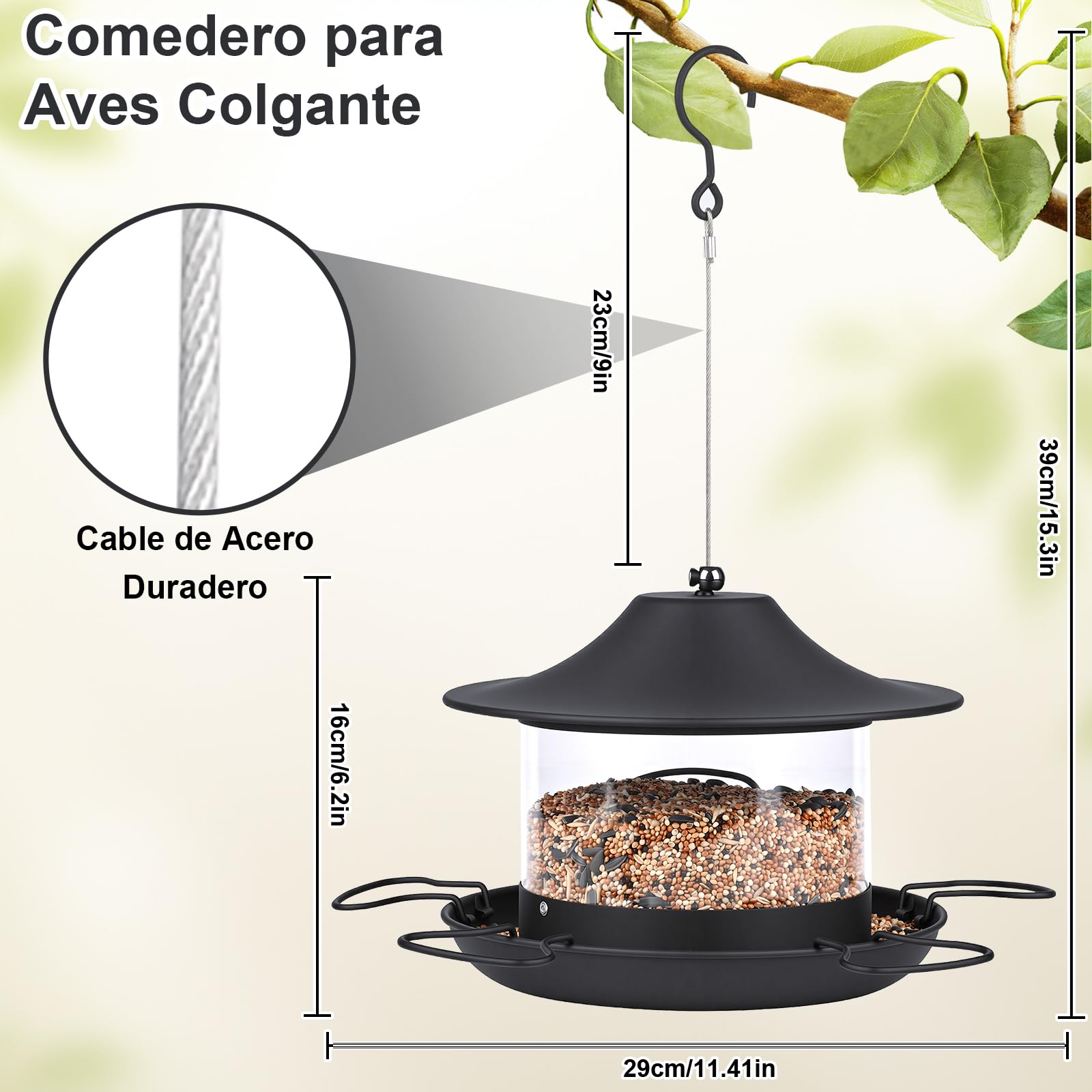 Glovios Comedero Colgante para Pájaros,Comedero Pajaros Exterior 1.8L,Comederos para Pajaros, Comedero Pajaros,Garden,Balcón y jardín, Educación al Aire Libre, Pico, Alimentación de Aves,Negro - 2