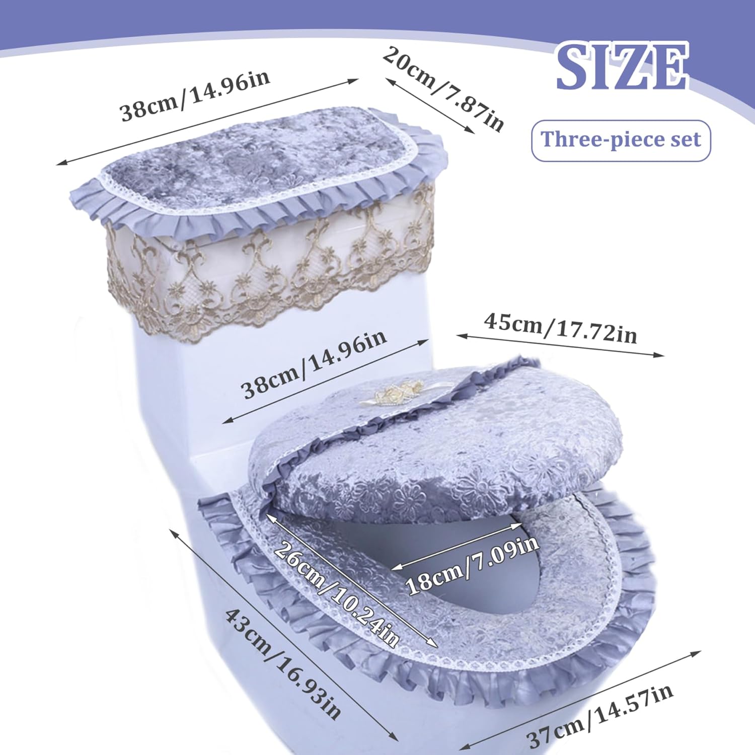 Toilet Cover Set with Toilet Lid Cover, Toilet Seat Cover and Toilet Tank Cover 3PCS Hidden Floral Pattern Cover Set with Lace Edging for Comfort and Warmth Toilet Lid Cover Toilet Tank Cover Toilet