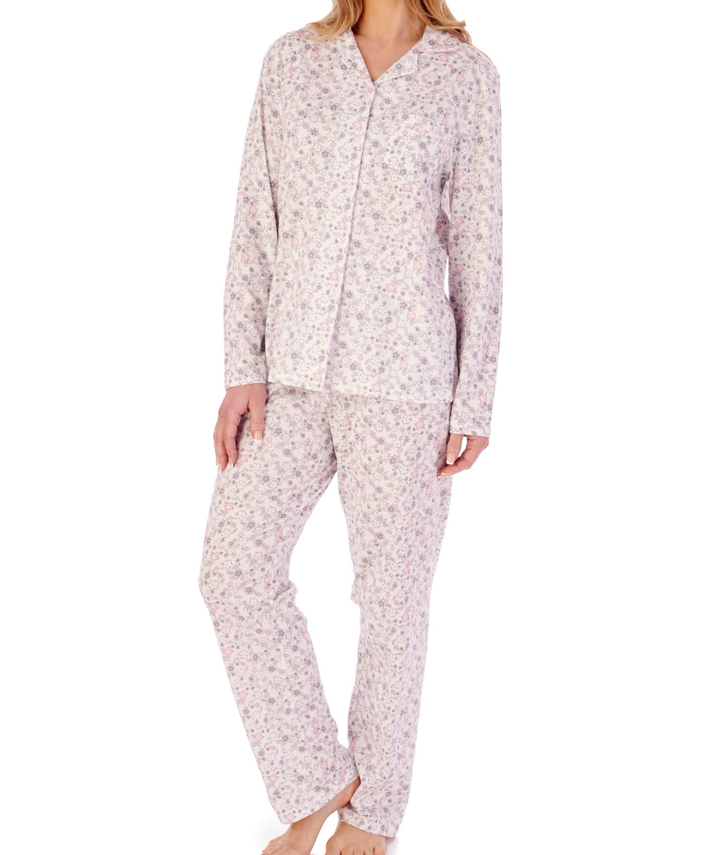 Slenderella Sketch Floral Long Sleeve Tailored Cotton Pyjama Set (16/18, Grey)