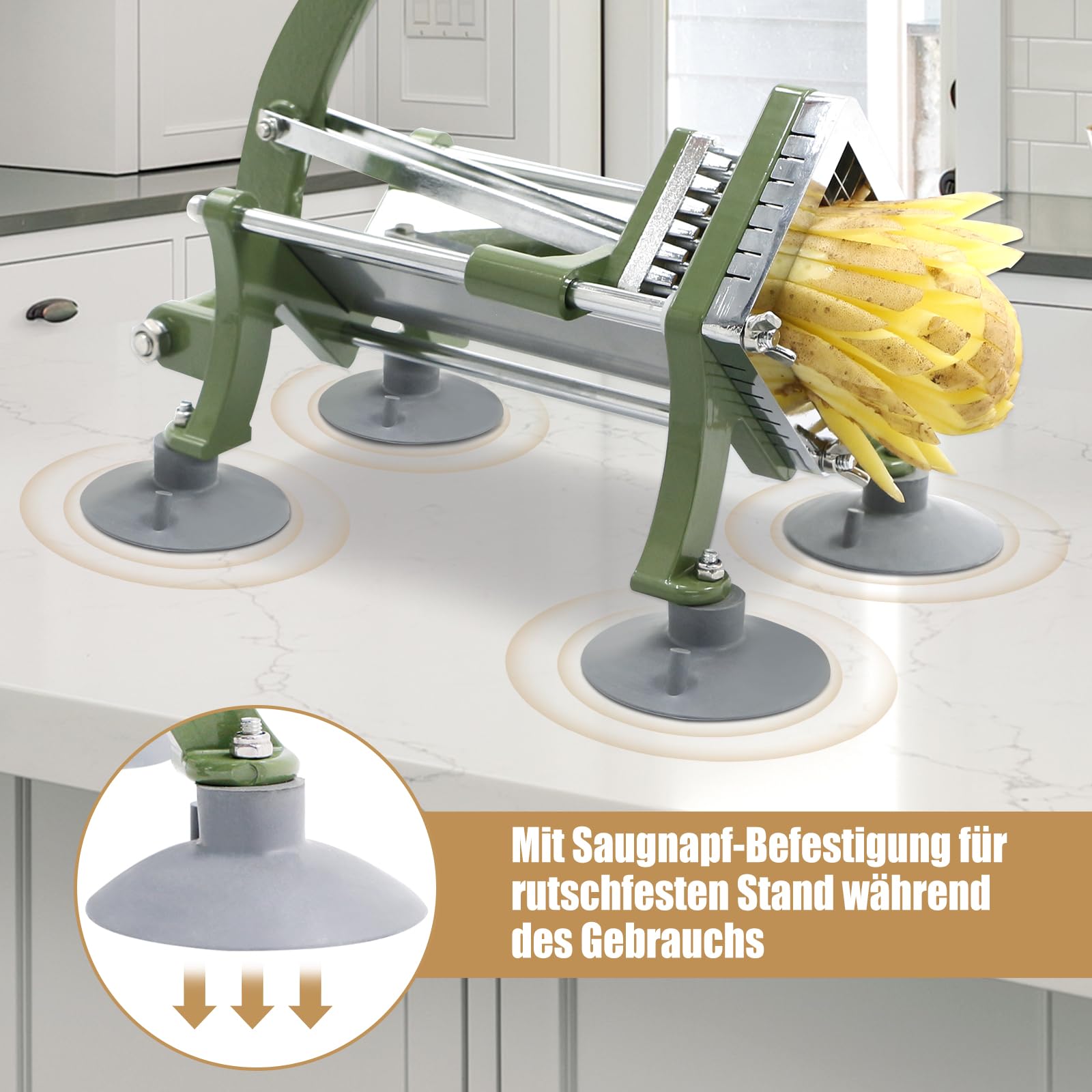 Pommes Frites Schneider Commercial Manuell Pommesschneider Professioneller Saugfüßen Komplettset French Fries Cutter mit Schwerem Gusseisen-Griff und 3/8" (10x10mm) Klinge