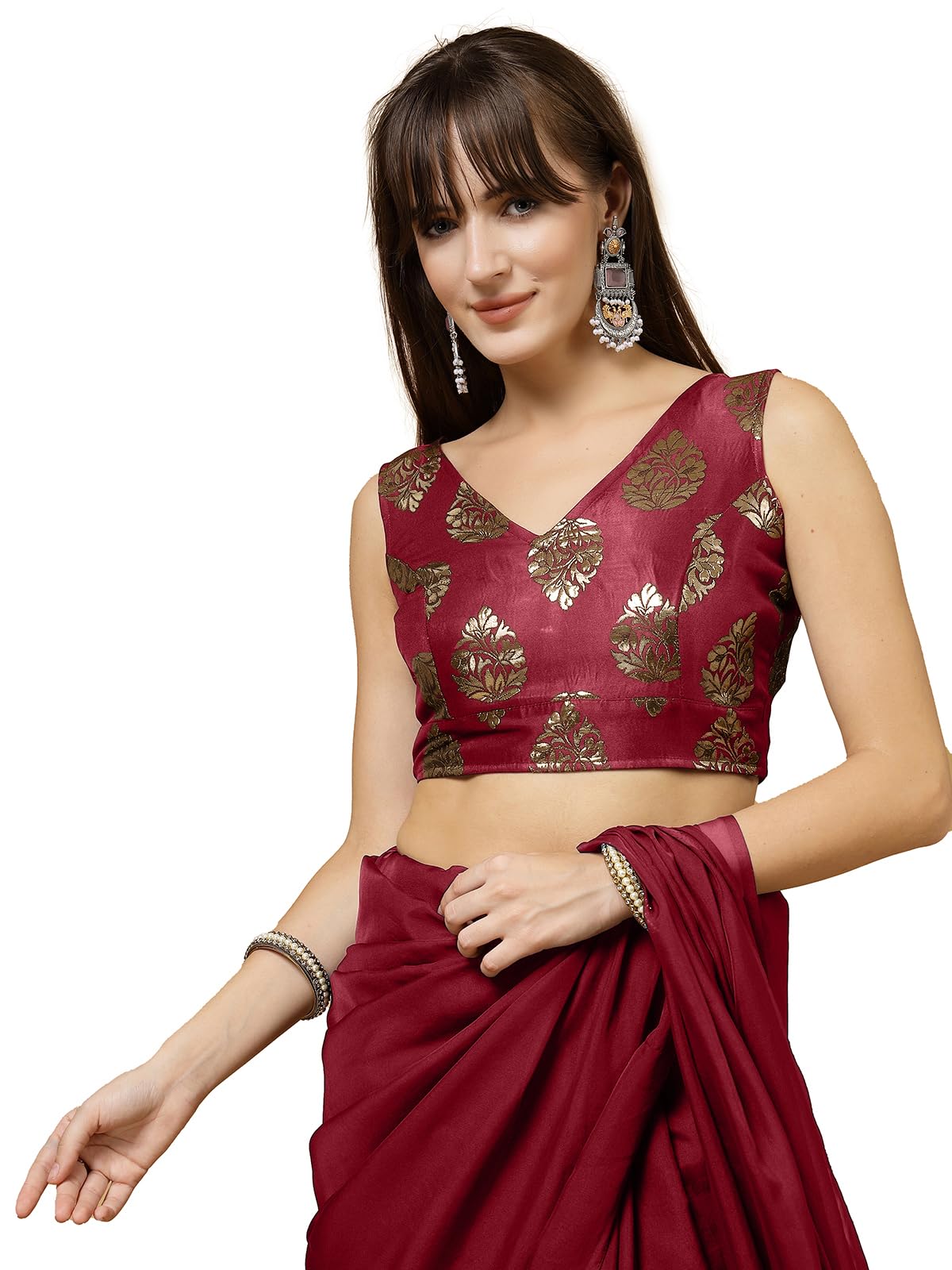 Oomph! Women's Indian Ethnic Wear Designer Big Paisley Pattern Zari Work V Neck Sleeveless Indian Red Color Brocade Readymade Blouse For Saree Or Lehnga And Fusion Twist. Xxl