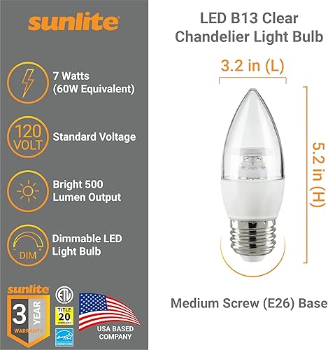 Miniatura 2 de Sunlite 41775 Bombilla LED B13 decorativa para araña, 7 vatios (60 W  ), 500 lúmenes, 120 voltios, regulable, base E26, Energy Star, 90 CRI,