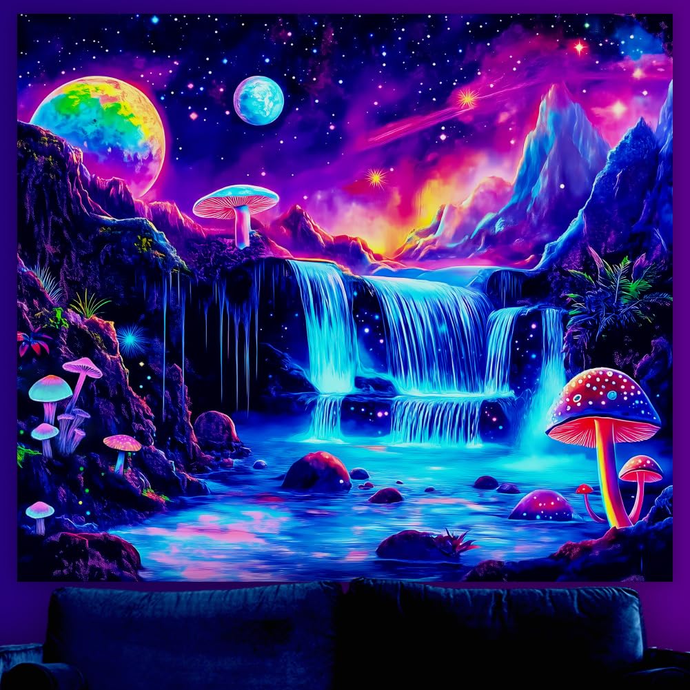 WEBEEDY UV Reactive Waterfall Tapestry Blacklight Galaxy Mushroom Landscape Tapestry Wall Hanging Aesthetic Glowing Tapestries for Bedroom Living Room Halloween Party Decor, 130x150cm