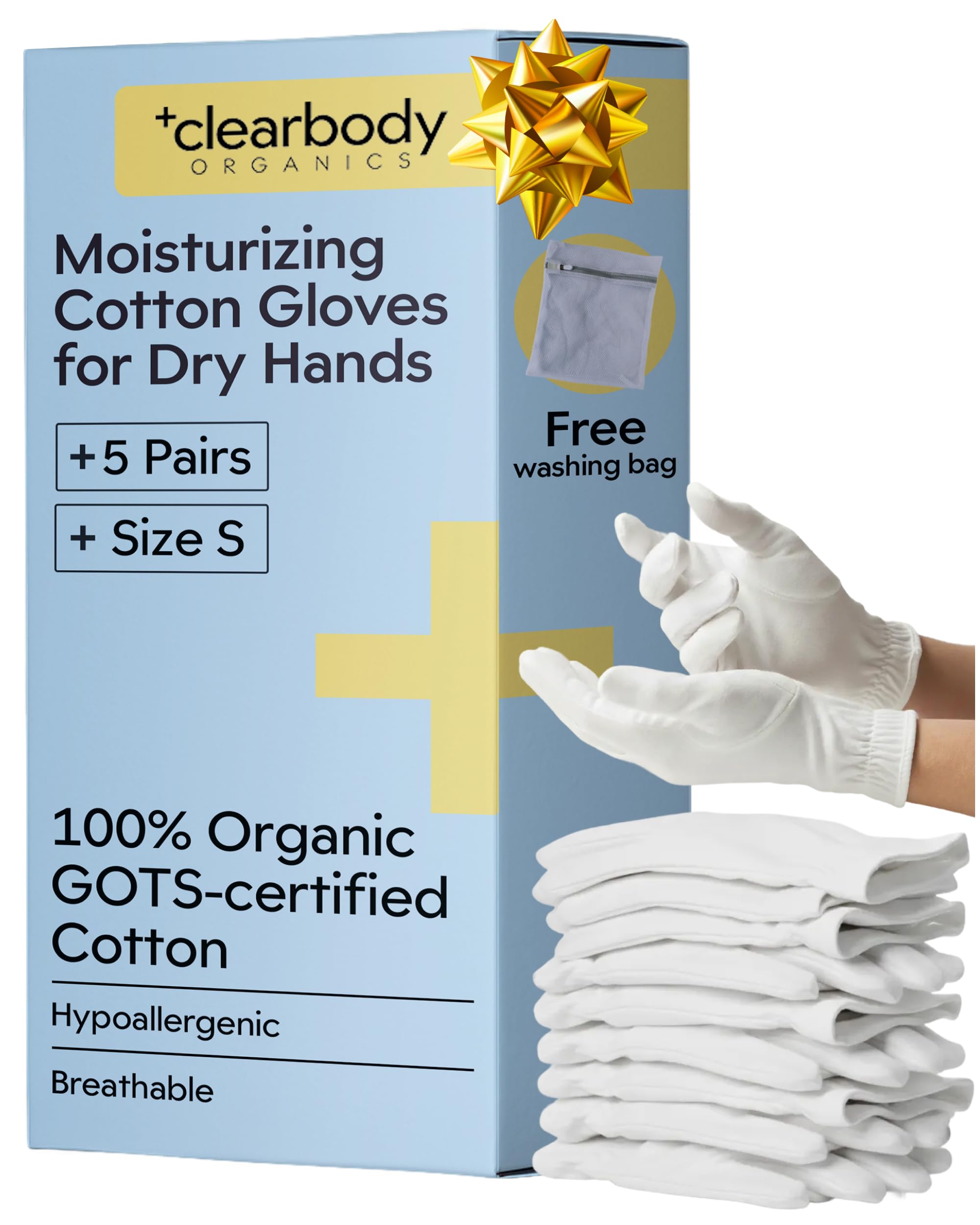 Clearbody Organics 100% Organic Cotton Gloves - 5 Pairs 10 Pc, Small, White - Moisture Lock & Moisturizing Gloves Overnight - Versatile Cotton Hand Liners