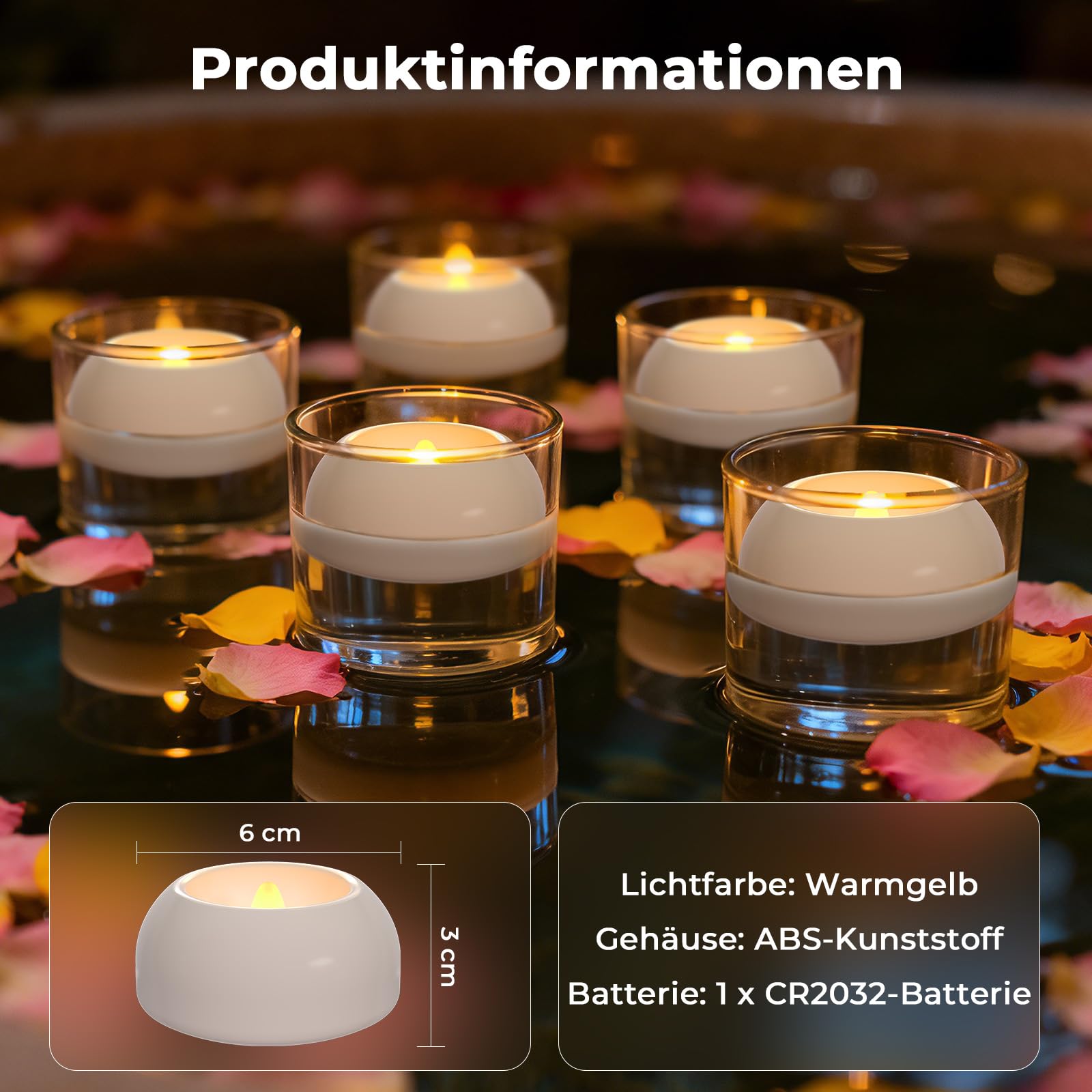 18 Stück LED Schwimmkerzen Warmweiß, 6cm Wasserdichte Schwimmende Teelichter mit 100h Brenndauer, Flammenlose Batteriebetriebene Kerzen für Pool Hochzeit Badewanne Brunnen Party Deko