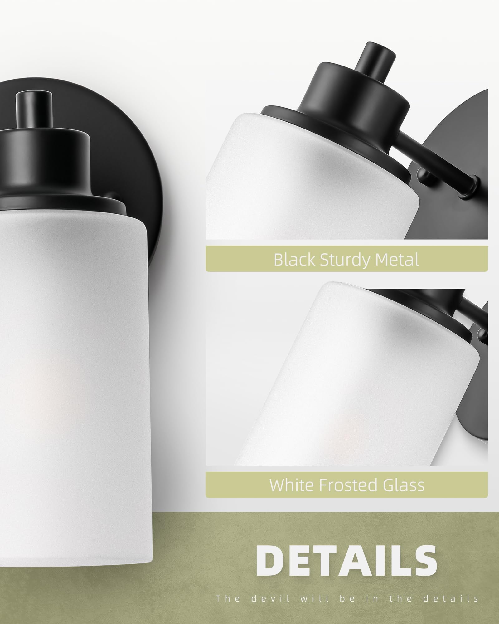Paquete de 2 apliques de pared estilo granja, lámparas de tocador de baño negras para interiores con pantalla de vidrio esmerilado blanco, iluminación moderna para montar en la pared, lámpara base E26 4