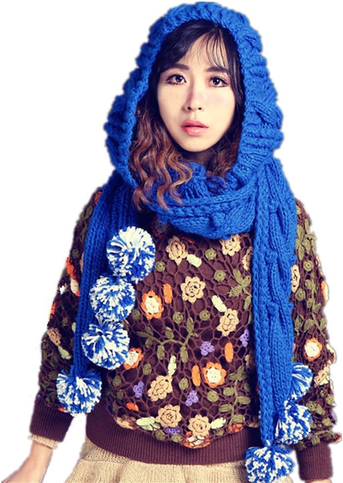 100% Handmade Knitted Scarf Hat Blue Big Pompom Beanie Cap
