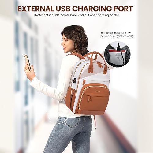 Miniatura 5 de LOVEVOOK Mochila para computadora portátil para mujer, mochila de viaje para computadora portátil, Beige - Marrón, 15,6 pulg., Mochila de viaje para