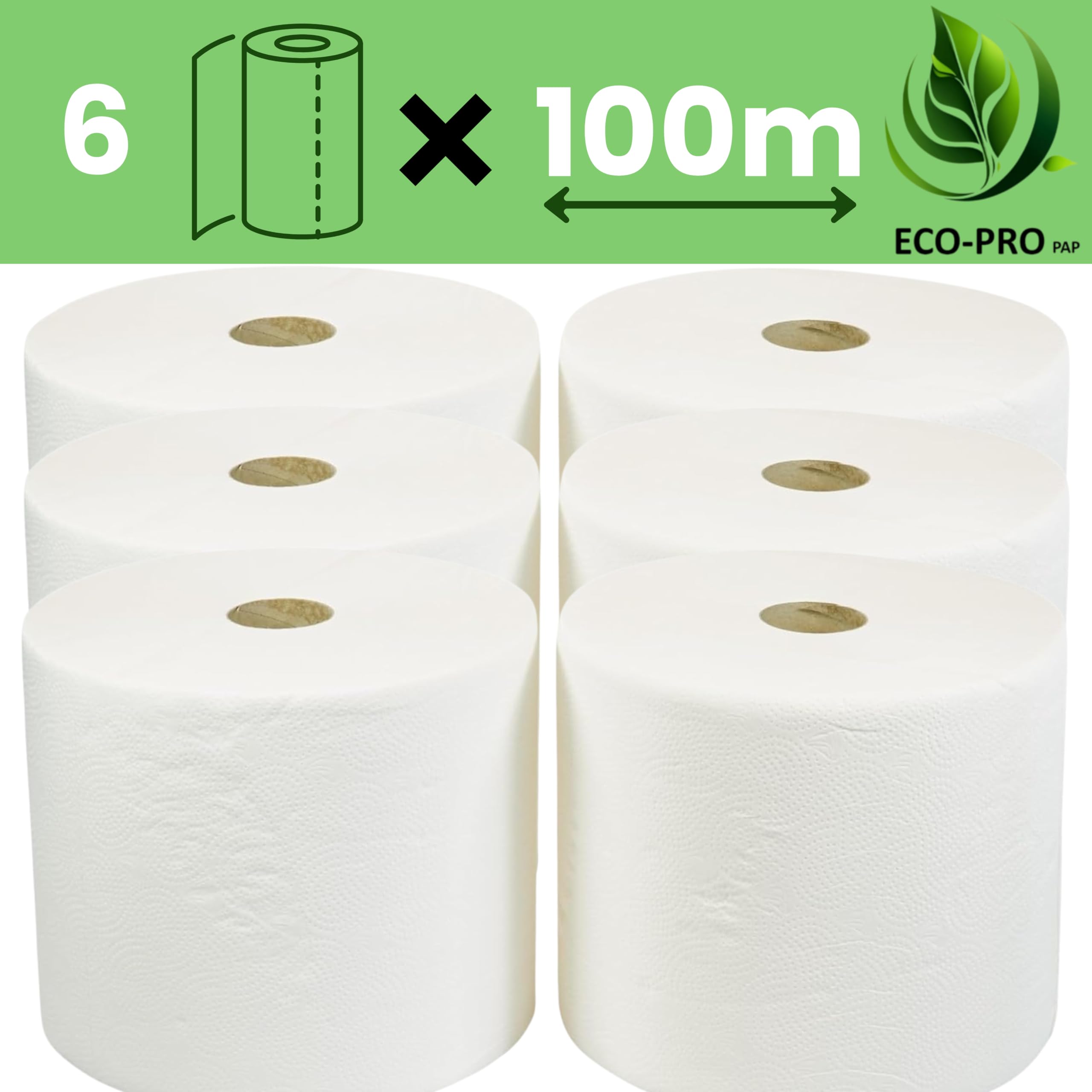 Papierhandtuch 100 Meter lang, Papiertuch aus 100% Zellulose, Extra Saugfähig & Reißfest, Pappkern, für Küche und Badezimmer - 100 m (Packung mit 6 Stück)